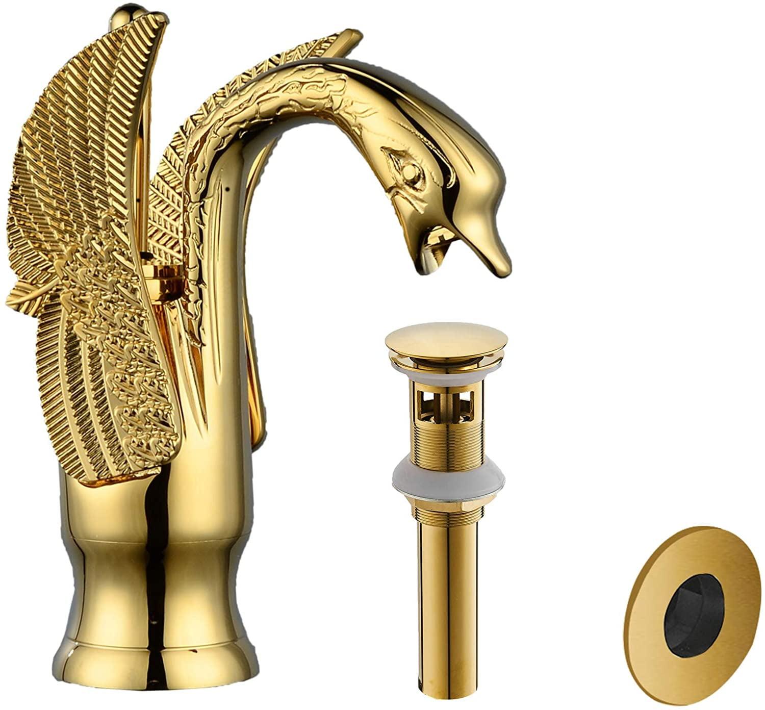 Gold Polished Brass Swan Single Handle Bathroom Faucet