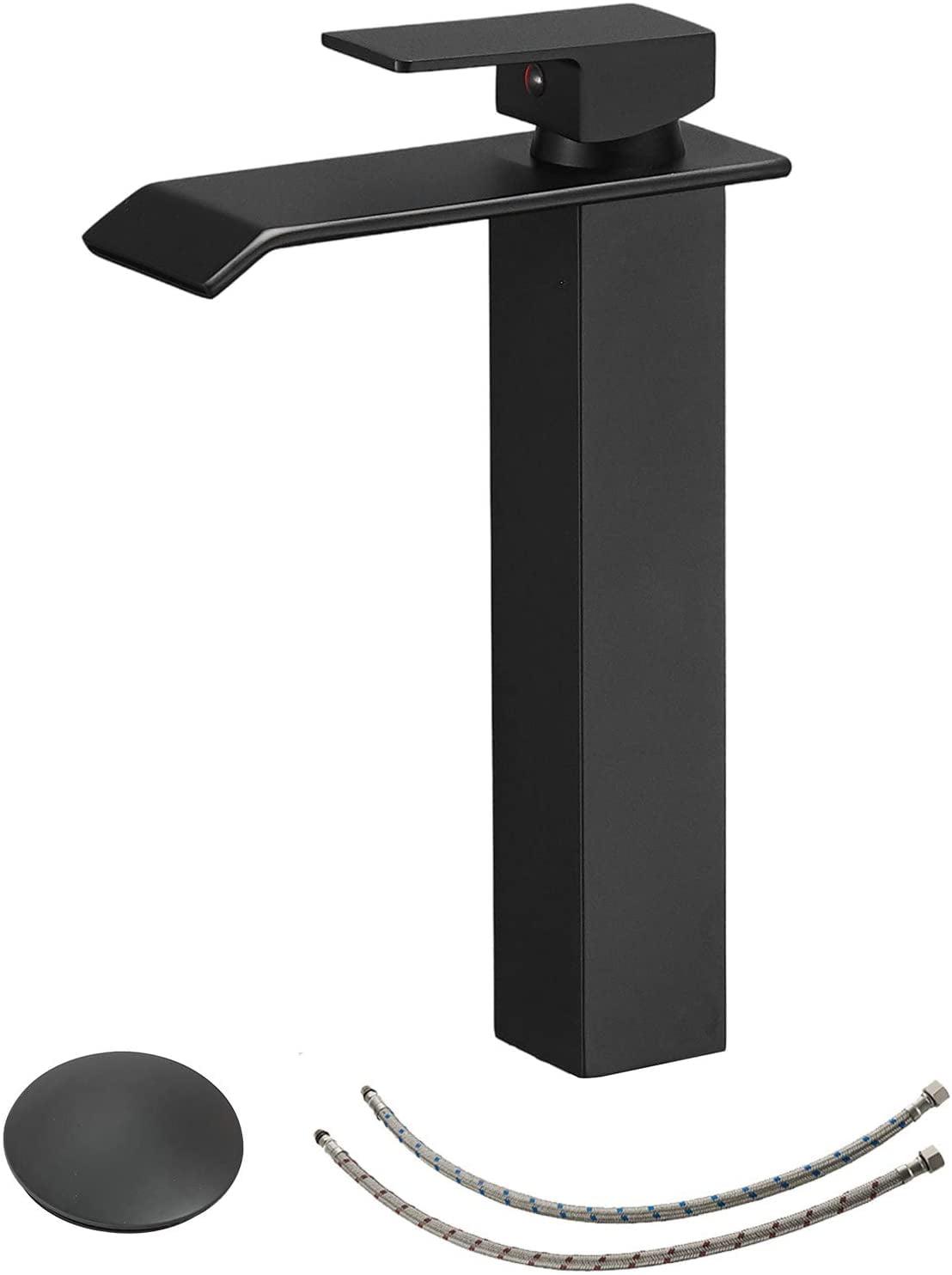 Matte Black Tall Waterfall Vessel Sink Faucet with Pop-Up Drain