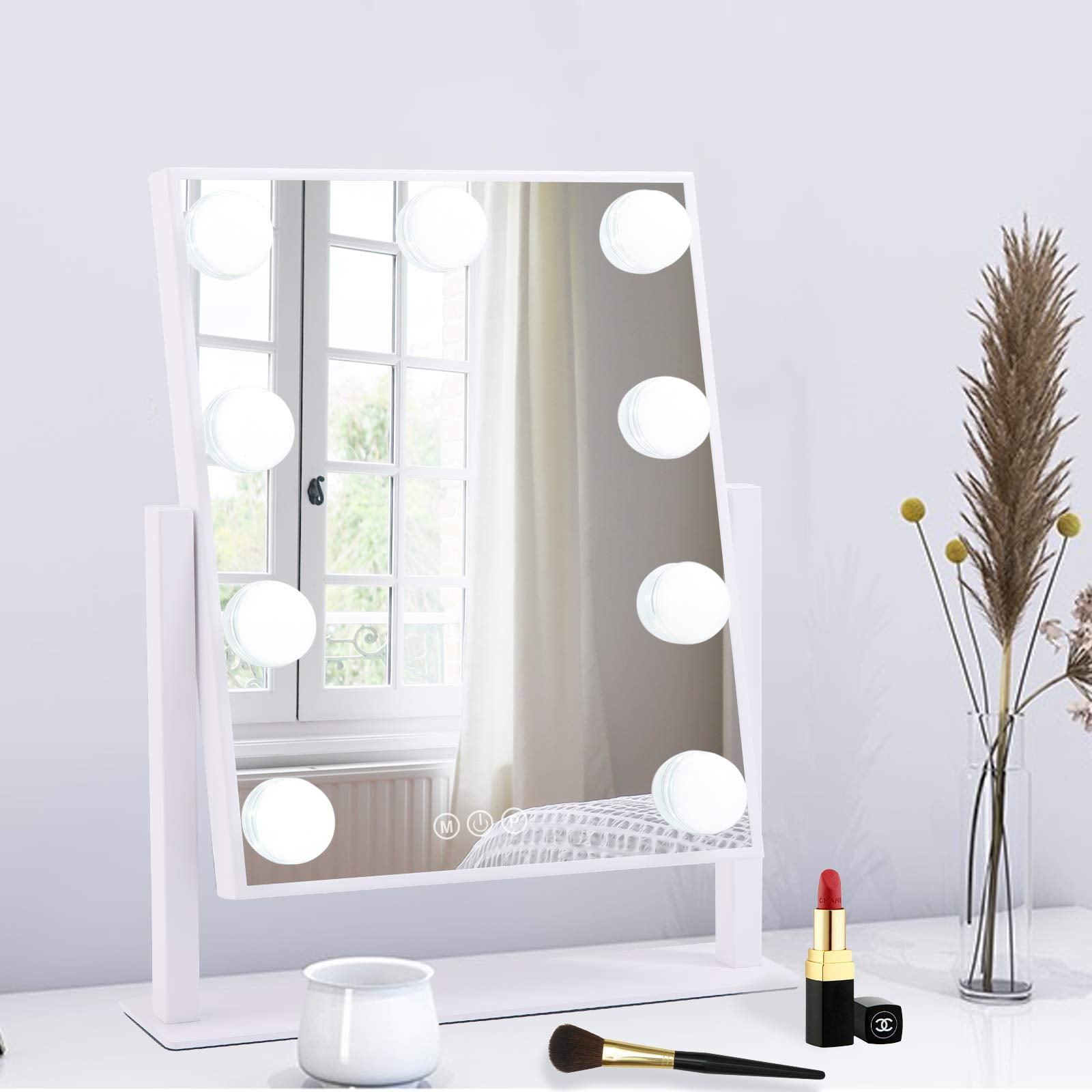 LinsCraft Lighted Makeup Mirror Hollywood Mirror Vanity Mirror With Lights, Touch Control Design 3 Colors Dimable LED Bulbs, Detachable 10X Magnification, 360°Rotation, (White) 12" L X 14" W