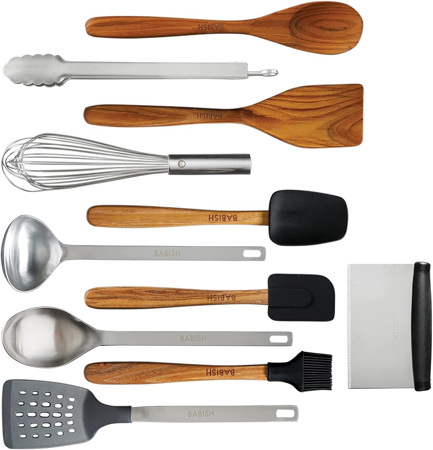 Babish 11-Piece Teak Wood, Silicone, and Stainless Steel Cooking Tool Set