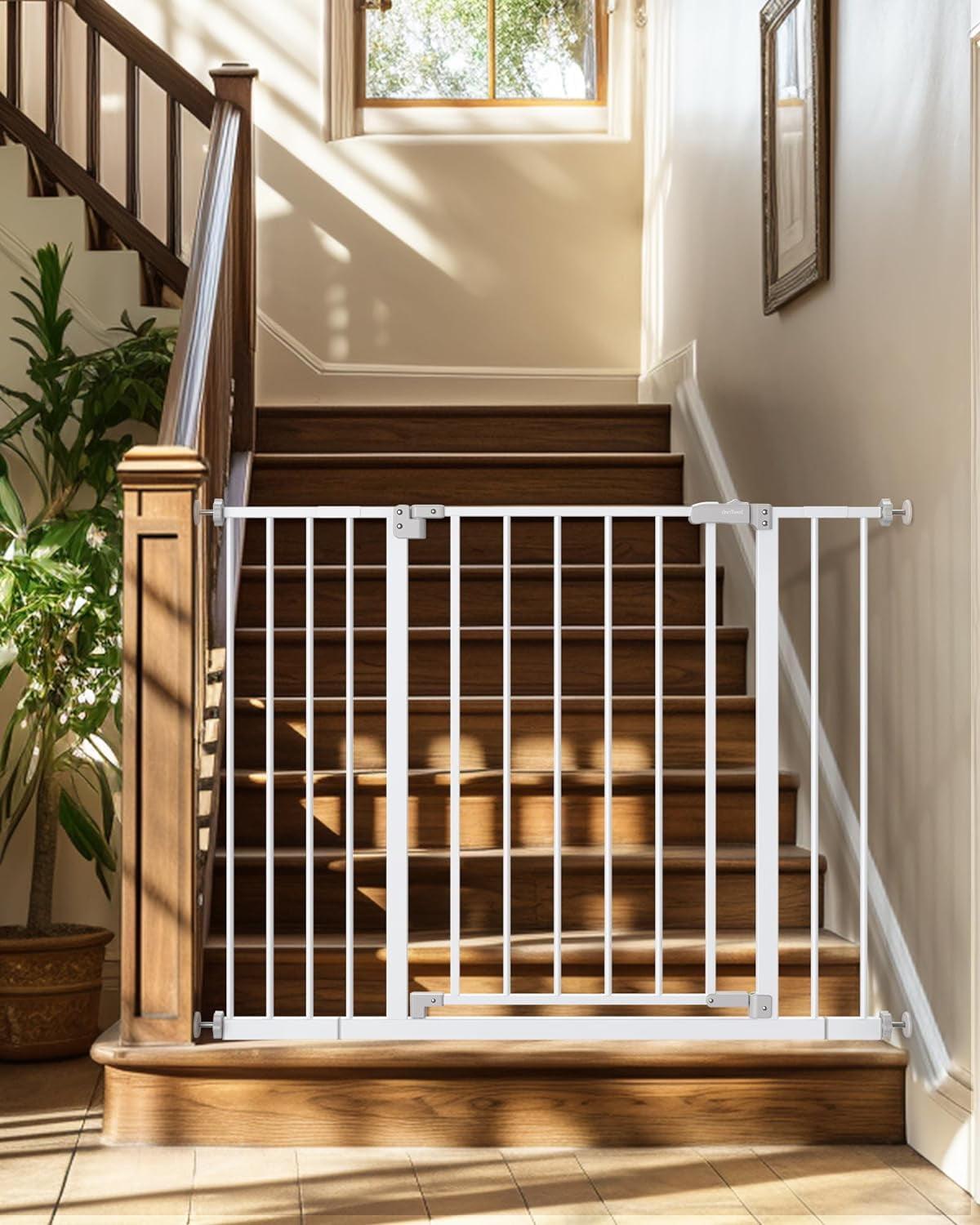 White Metal Pressure Mounted Baby and Pet Gate for Stairs