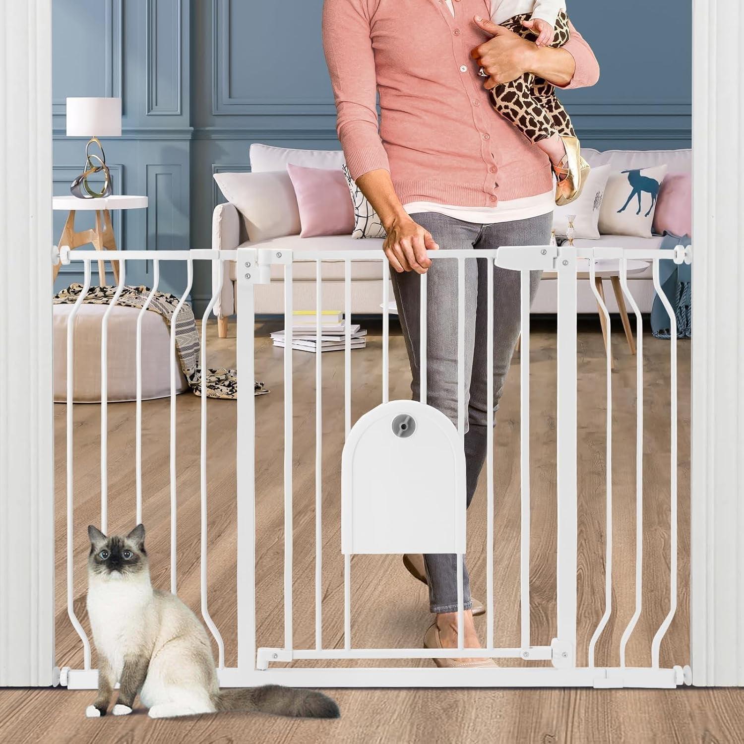 White Metal Pressure Mounted Baby Gate with Pet Door