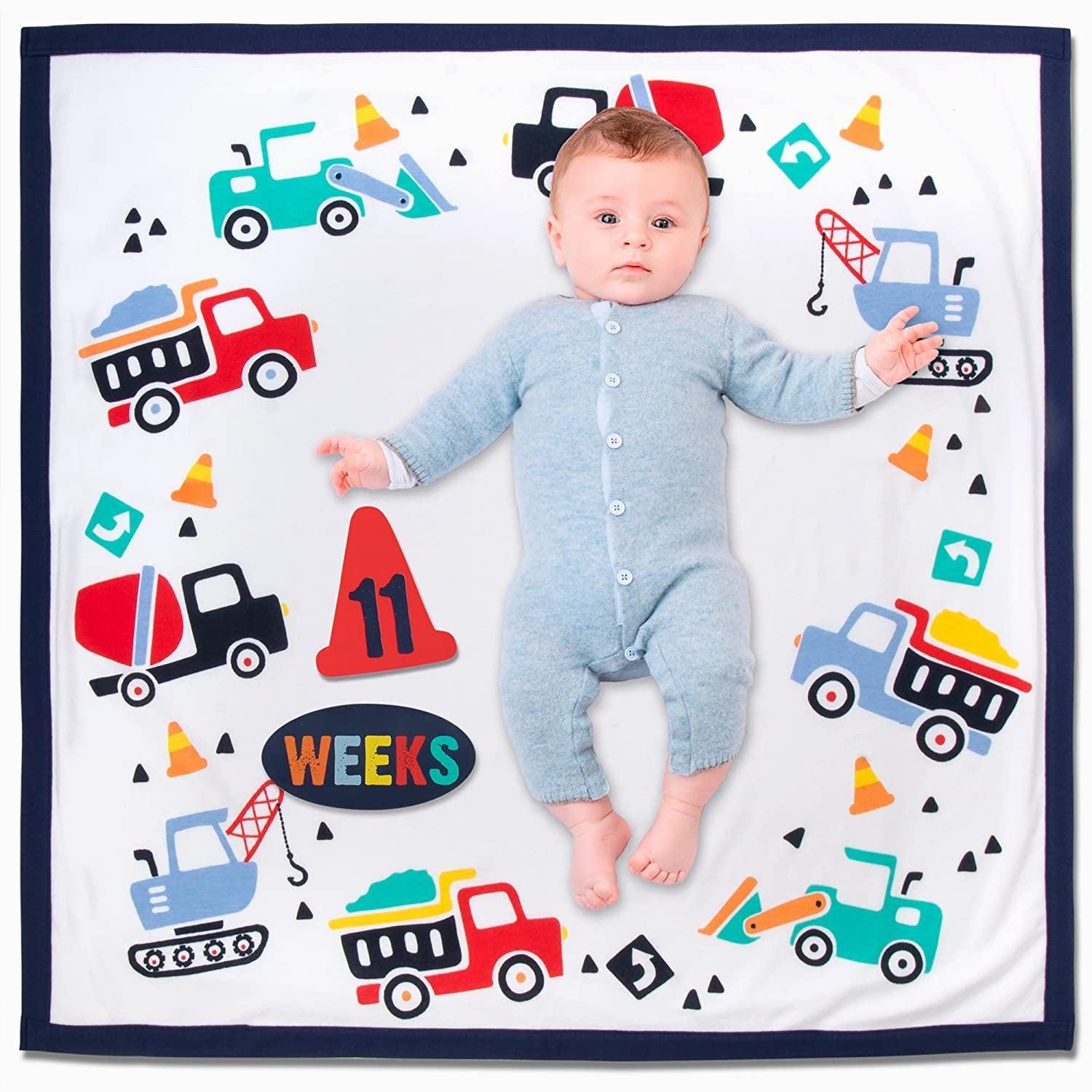 Baby Weekly, Monthly Milestone Blanket for Baby Boys and Girls with Month & Week Markers for Swaddling and Baby Photo Props (Baby Builder)