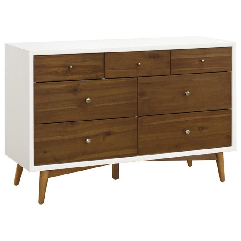 Warm White and Natural Walnut Mid-Century Double Dresser with Tapered Legs