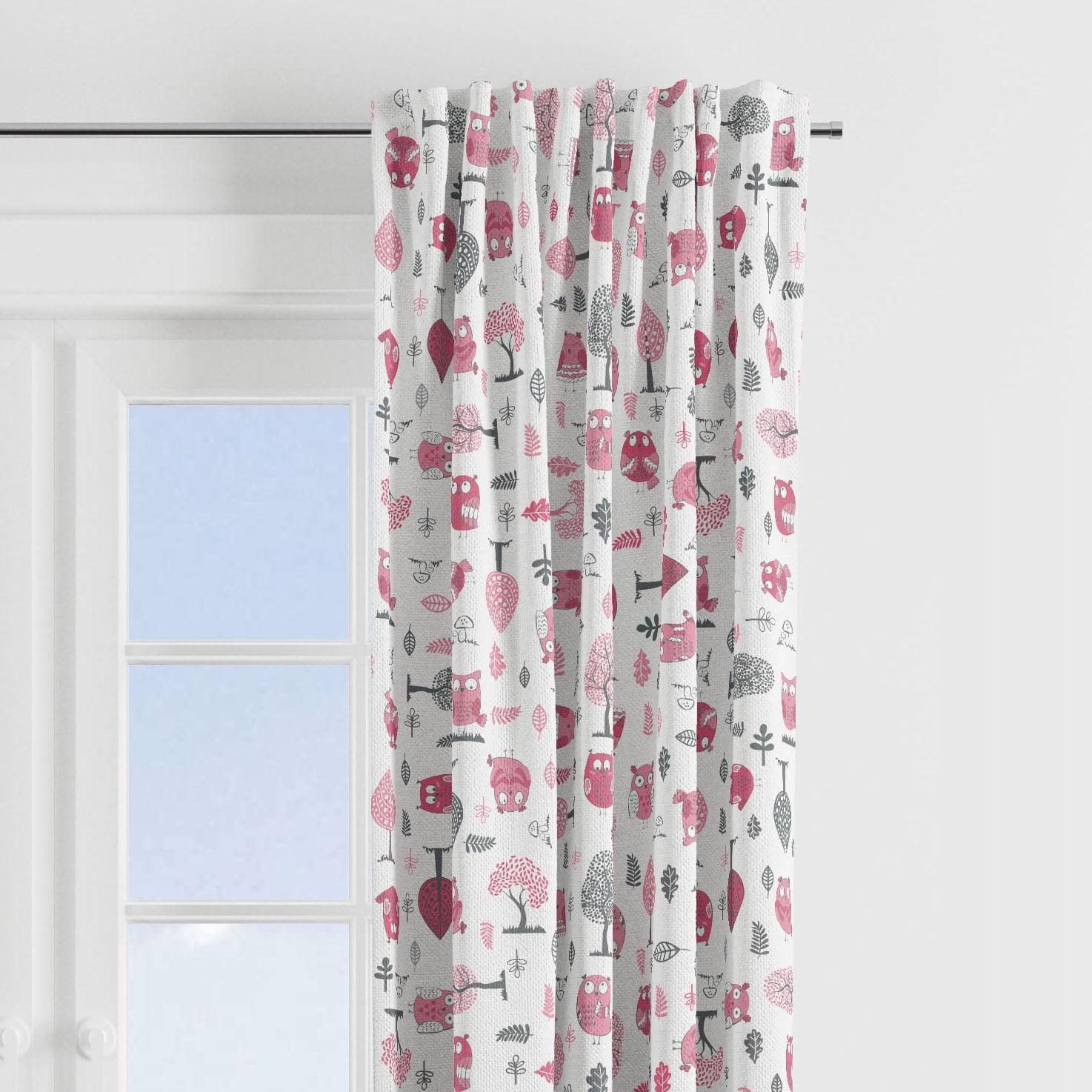 Gray and Pink Owl Print Cotton Rod Pocket Curtain Panel