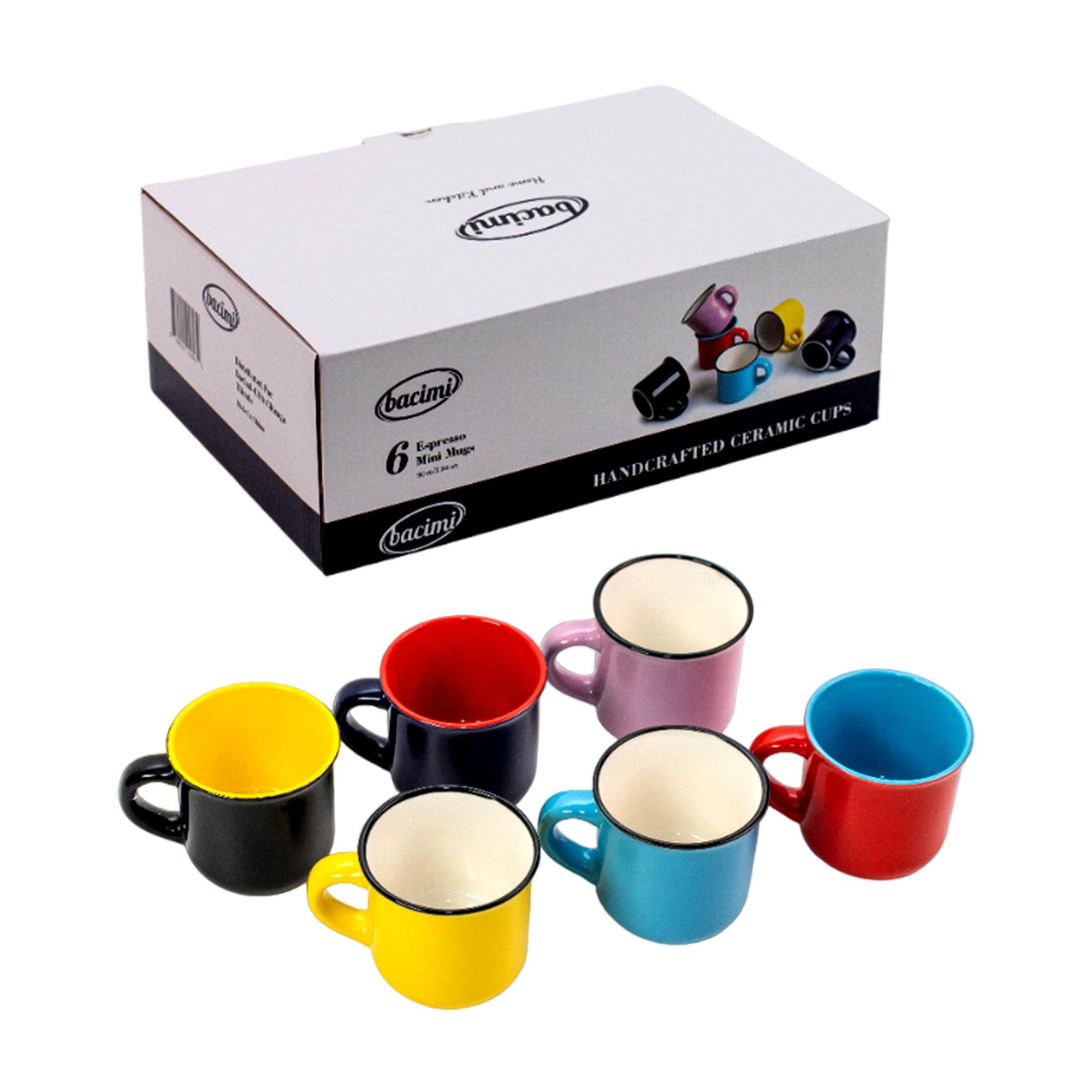 Bacimi Ceramic Espresso Demitasse Mini Mugs W/Handles 3oz, 6 Pack Multicolor