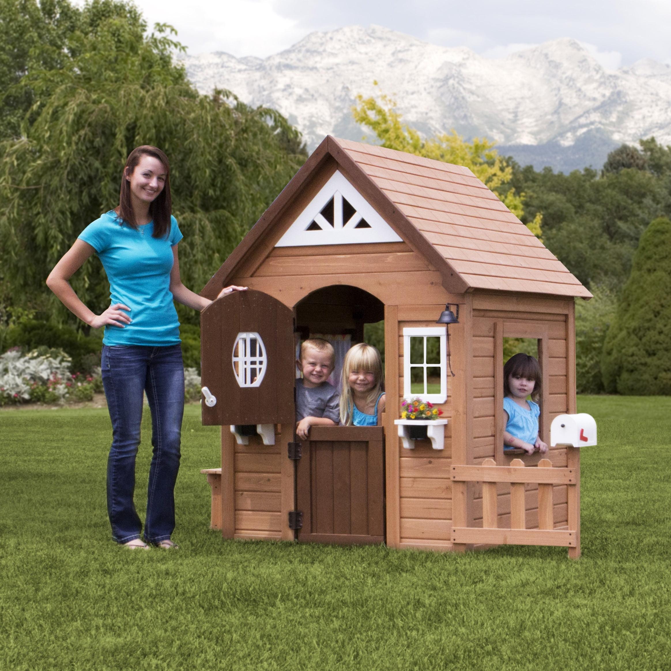 Aspen Cedar Wooden Playhouse with White Trim and Accessories