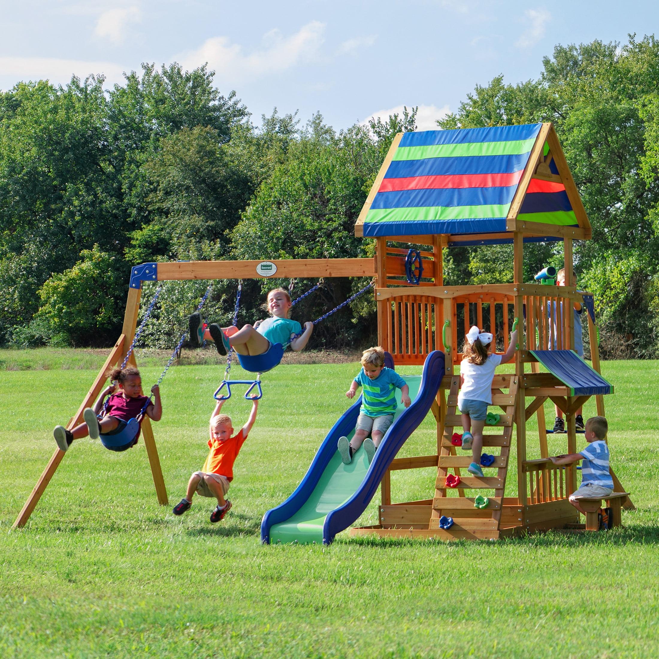 Colorful Wooden Outdoor Playset with Slide and Swings