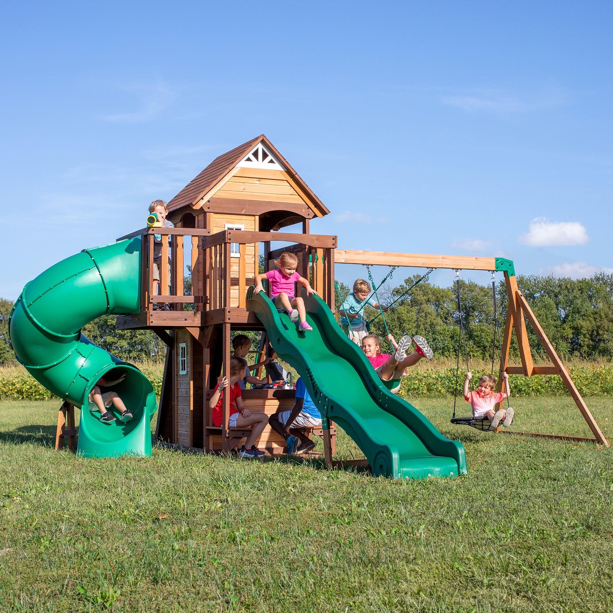 Cedar Cove Wooden Swing Set with Dual Slides and Swings