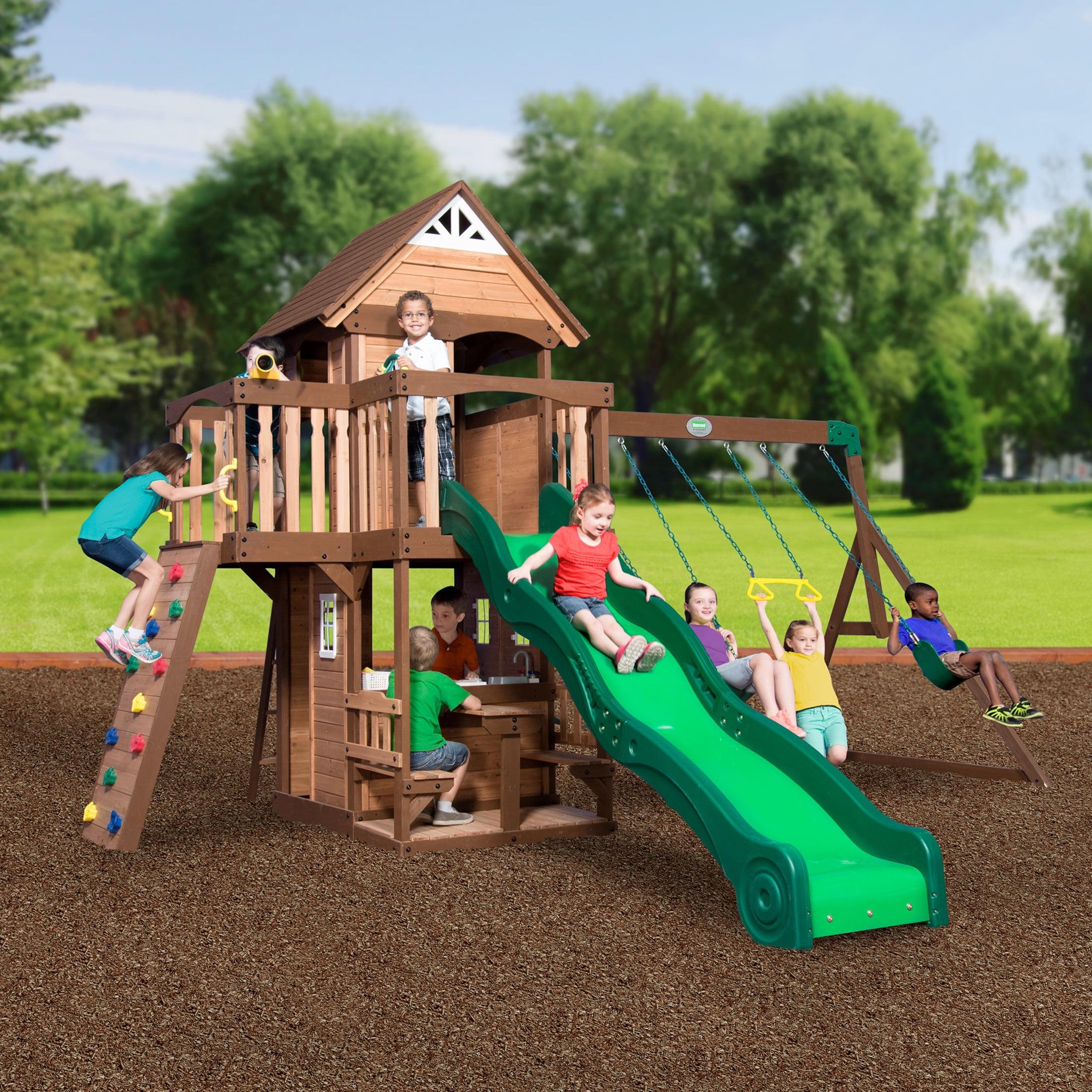 Mount Triumph Cedar Swing Set with Green Slide and Playhouse