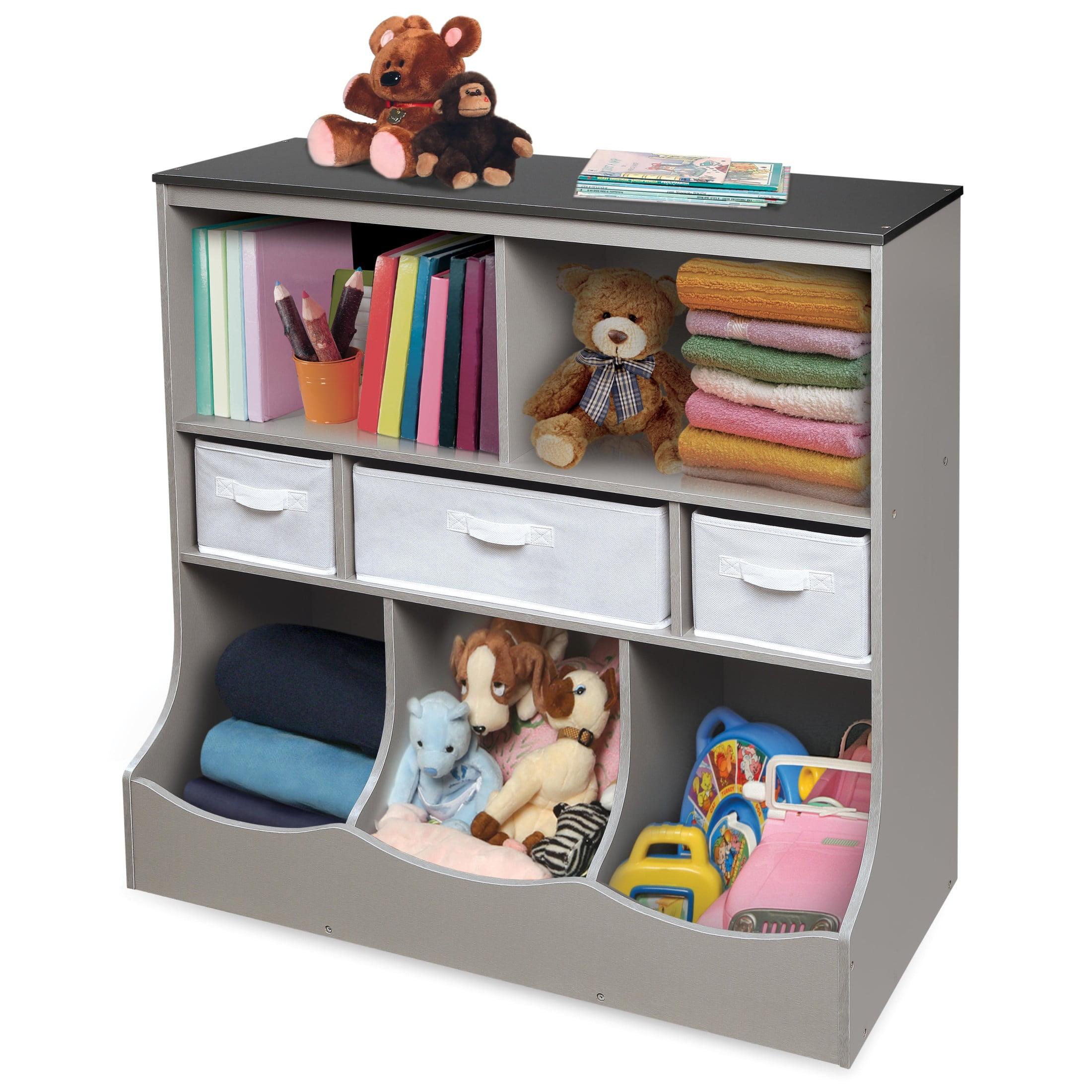 Versatile Gray Woodgrain Storage Unit with Baskets for Kids