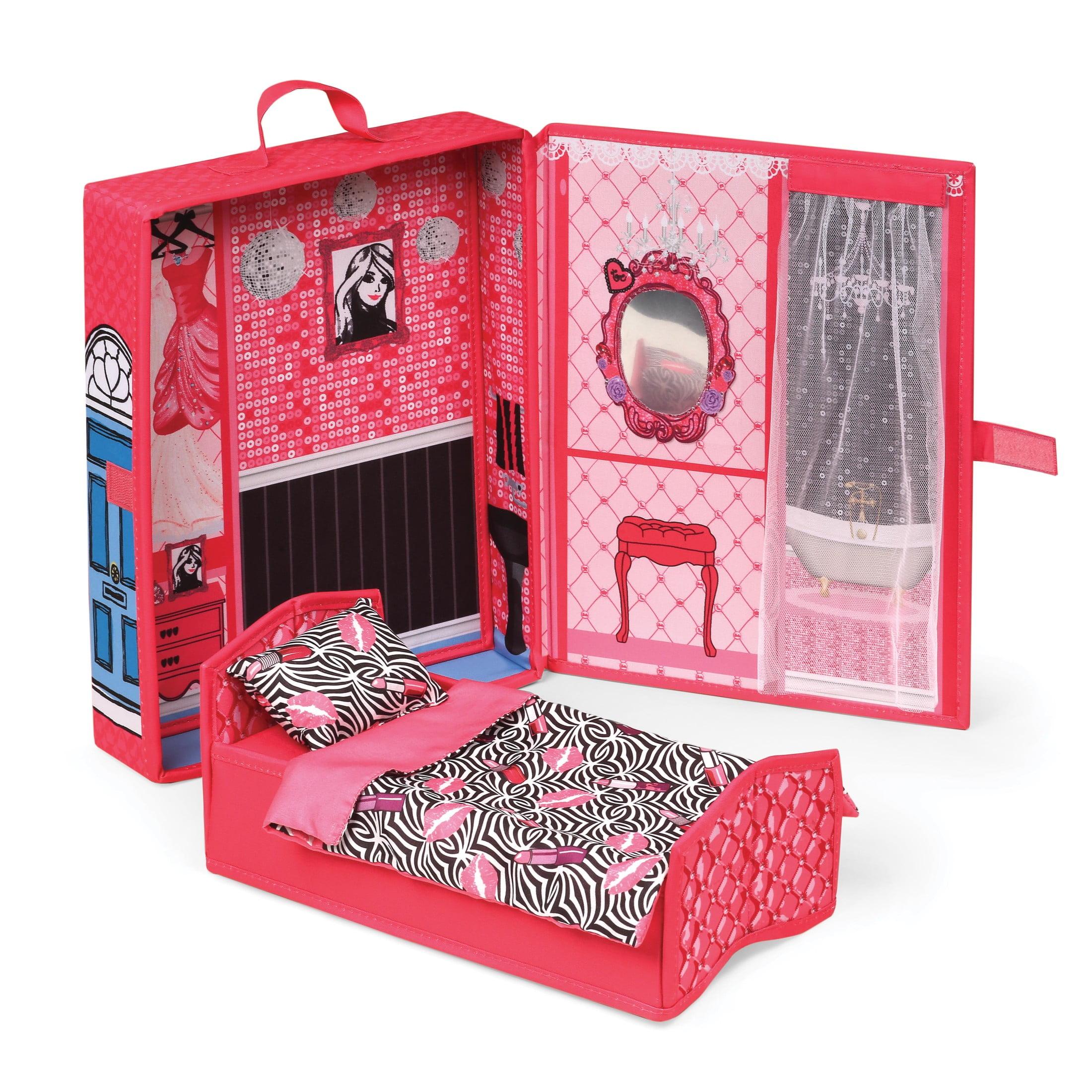 Badger Basket Home & Go Dollhouse Playset Travel & Storage Case with Bed/Bedding for 12-inch Fashion Dolls - Pink/Multi