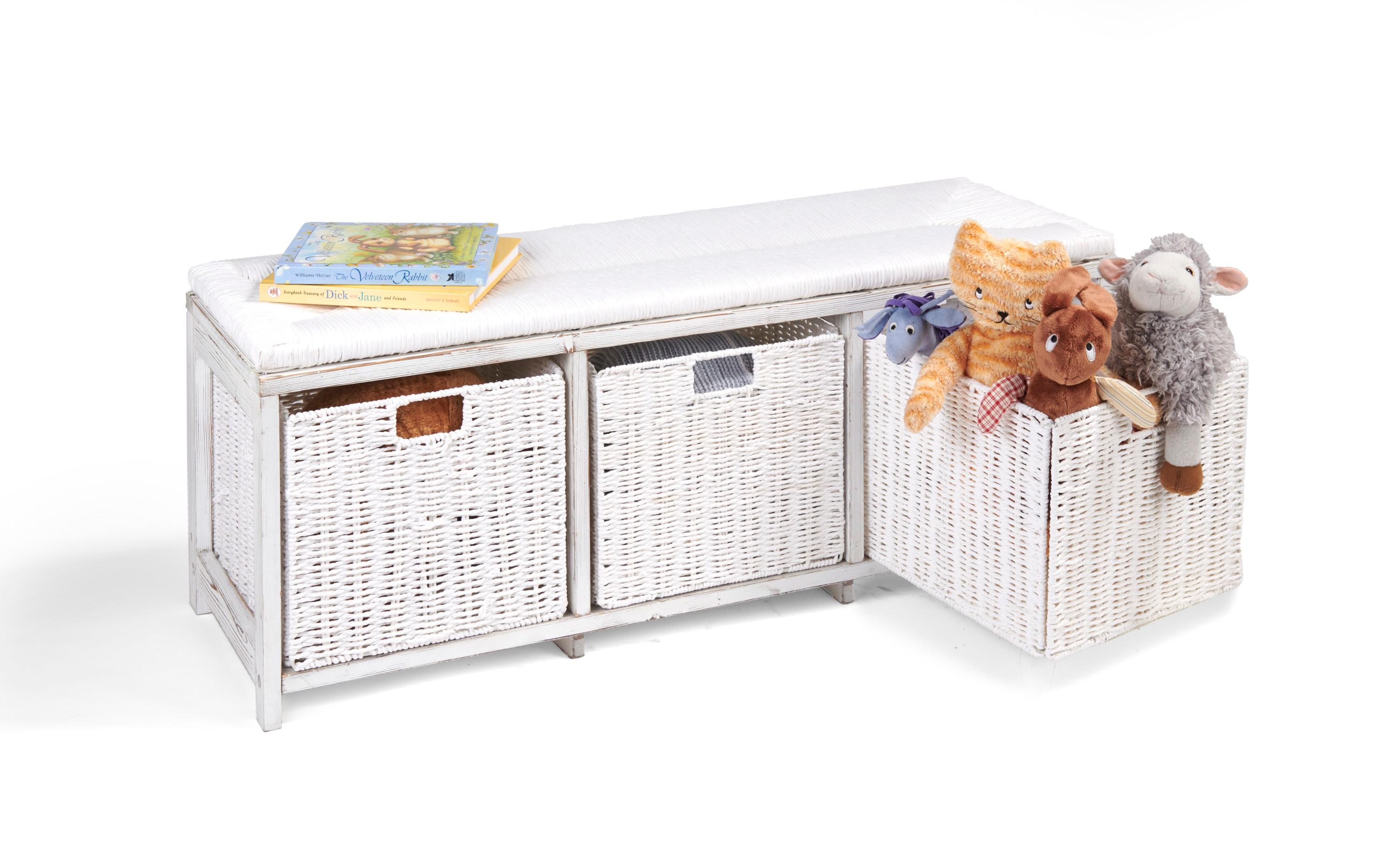 White Pine Wicker-Style Kid's Storage Bench with Baskets