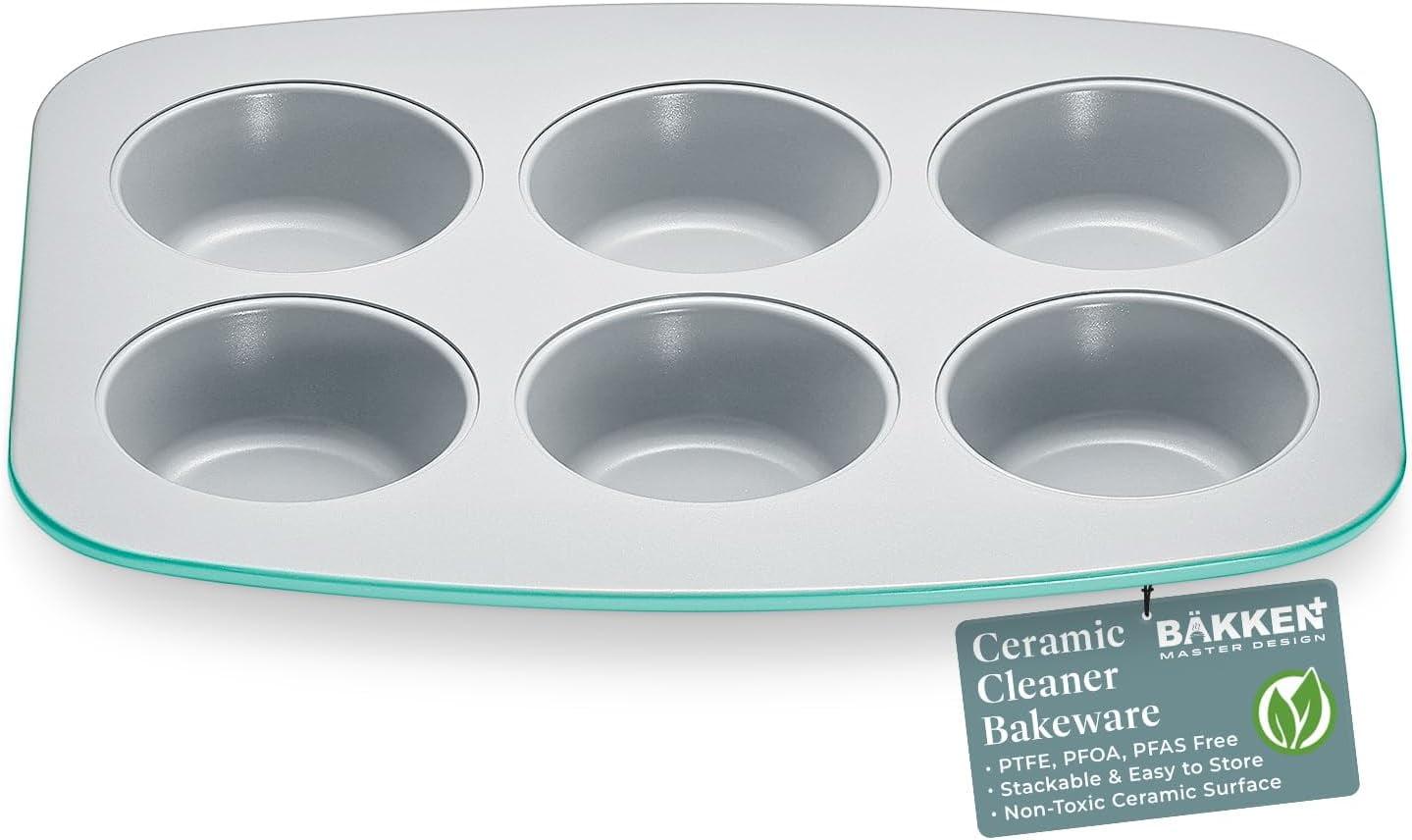 Teal and Silver 6-Cup Aluminized Steel Non-Stick Muffin Pan