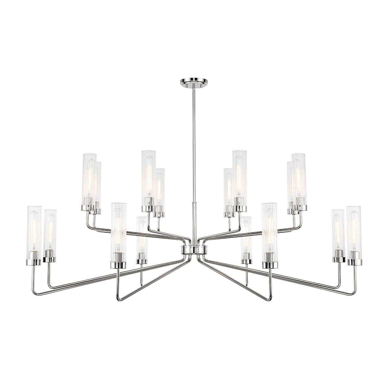 Polished Nickel 16-Light Chandelier with Clear Ribbed Glass Shades