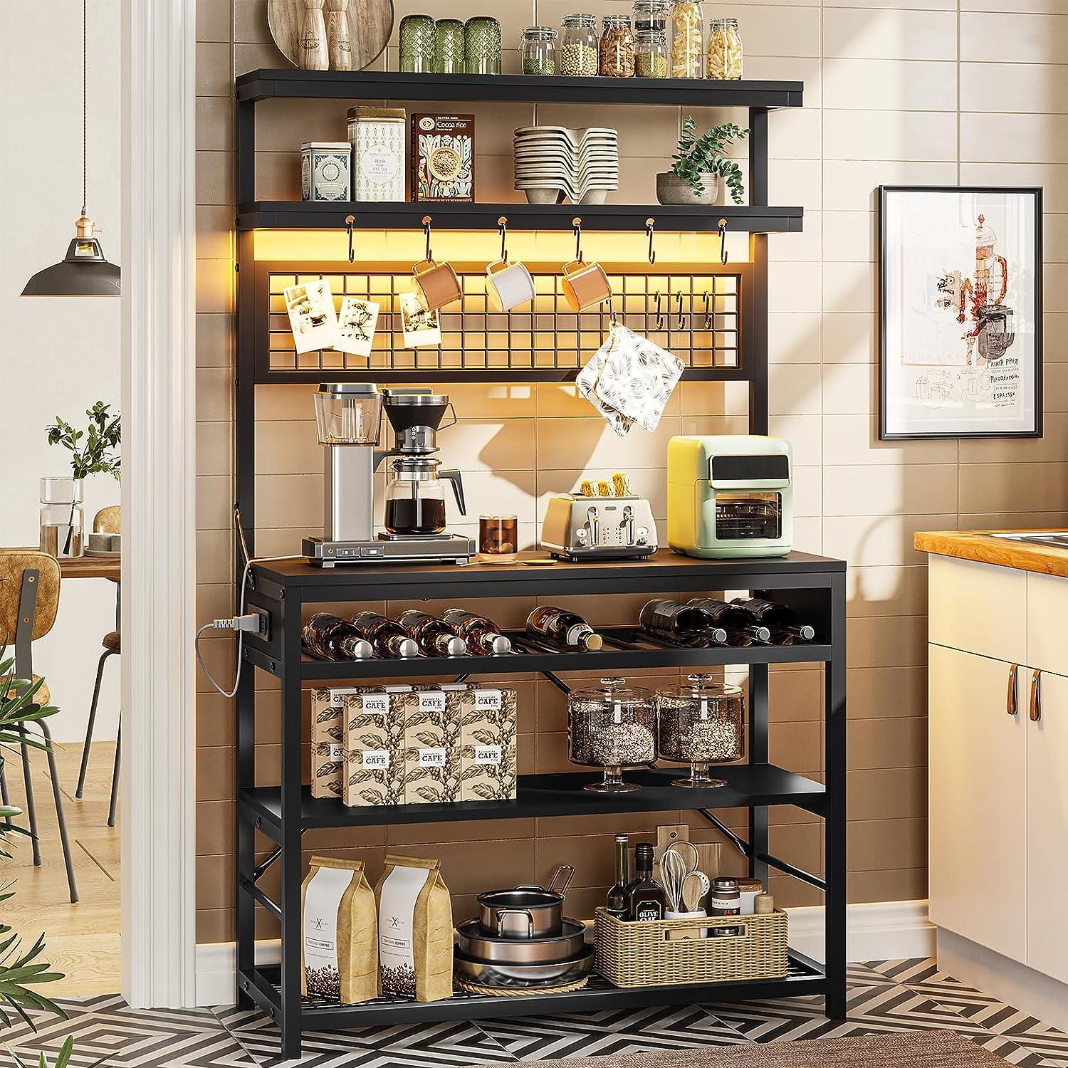 Bakers Rack with Power Outlet, 6-Tier Coffee Bar, Microwave Stand with Wine Rack, LED Lights and 10 Hooks, Bakers Racks for Kitchens with Storage, Grey