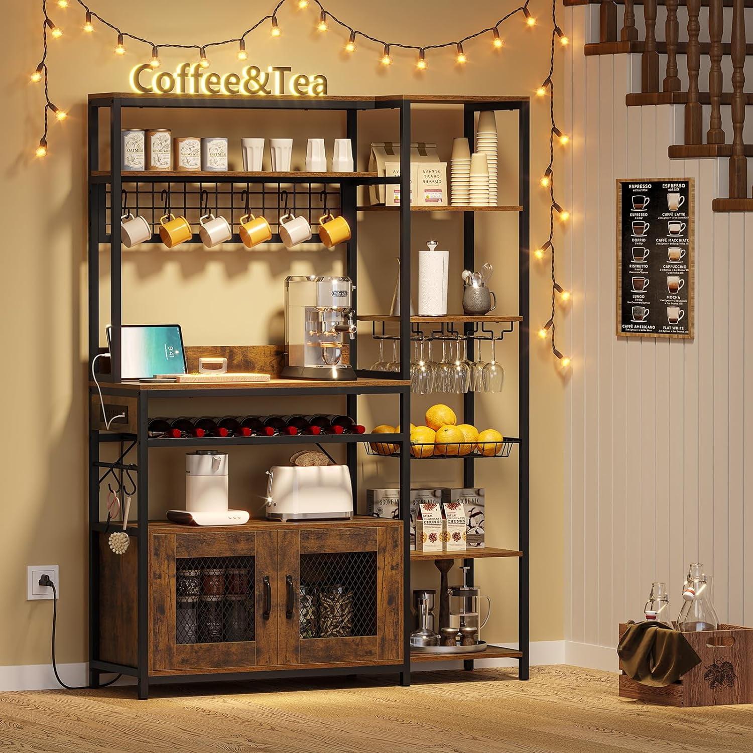 Rustic Brown Metal Baker's Rack with Microwave Shelf and Wine Storage