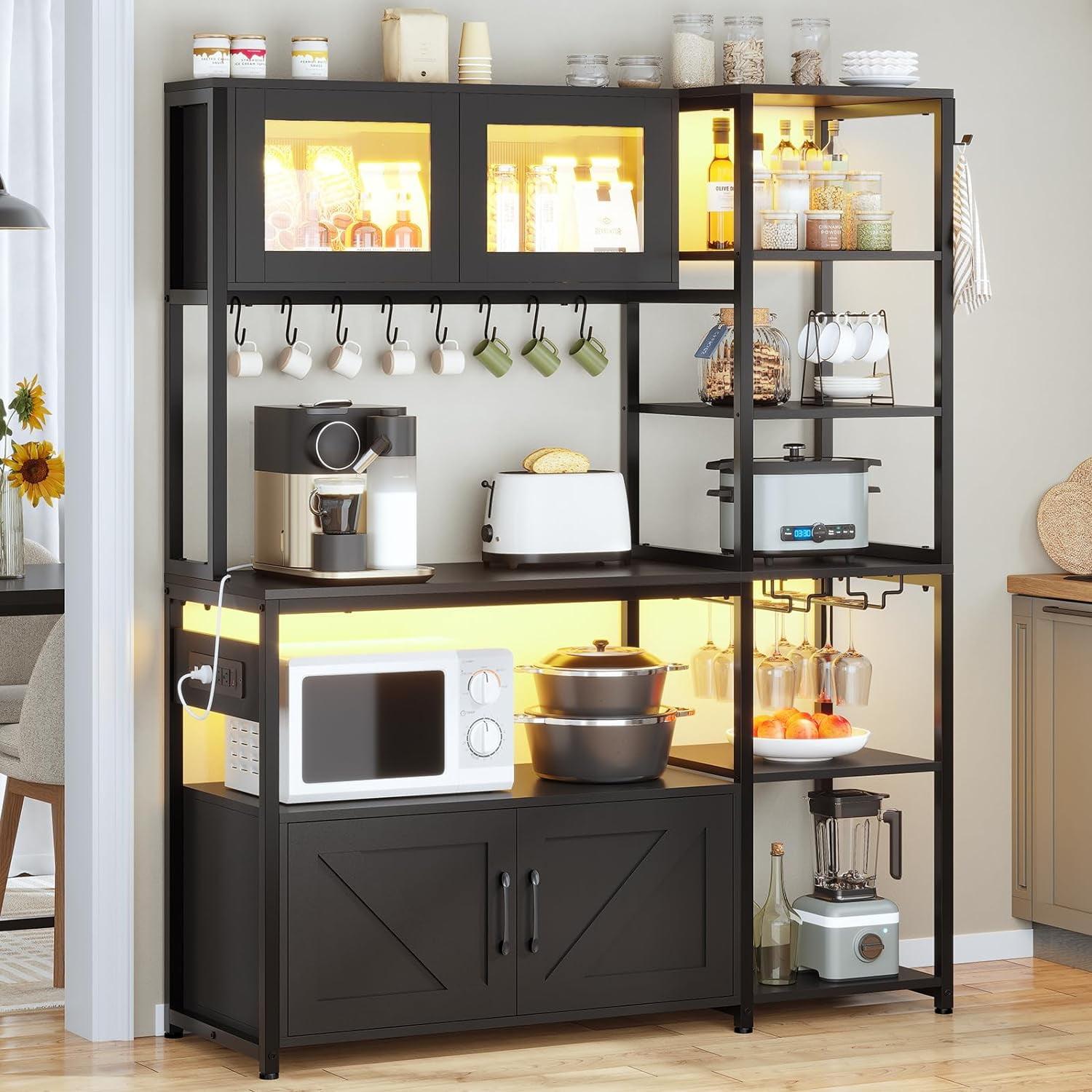 Bakers Rack with Power Outlet and LED Light, 45.3 Inch Farmhouse Coffee Bar Cabinet, Kitchen Microwave Stand with Storage, Glass Cabinet, Goblet Holder and 8 Hooks, Black