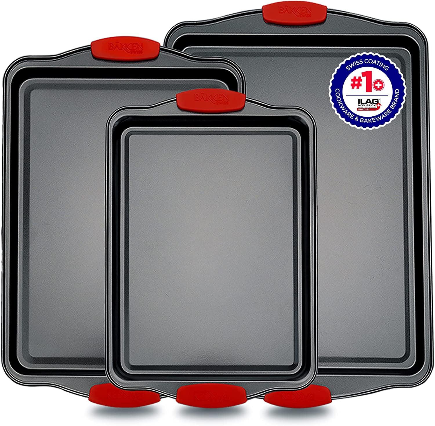 Baking Pan Set – 3 Piece Cookie Sheet – Deluxe Black  Non-Stick Carbon Steel – Silicone Handles –