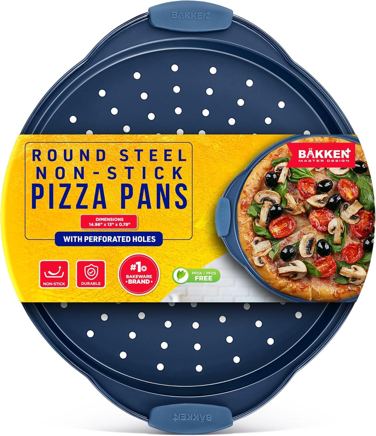 Bakken Pizza Baking Pan - Round Perforated Carbon Steel Pan with Non-Stick Marble Coating, Oversized Silicone Handle, Dishwasher Safe, High-Temperature Resistant, Durable & Easy Cleanup Blue, 1 Pack
