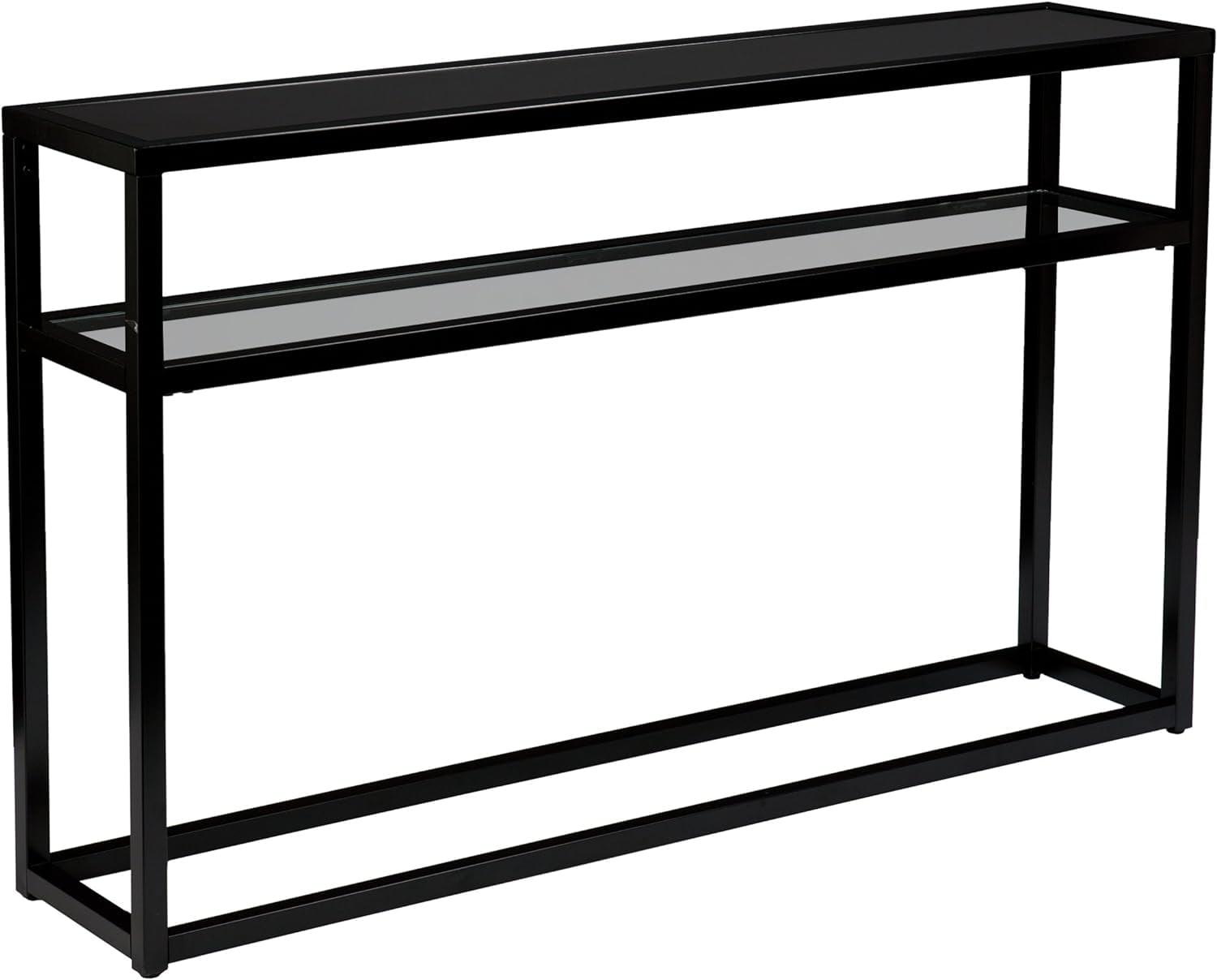 Sleek Matte Black Metal & Glass Console Table with Storage Shelf
