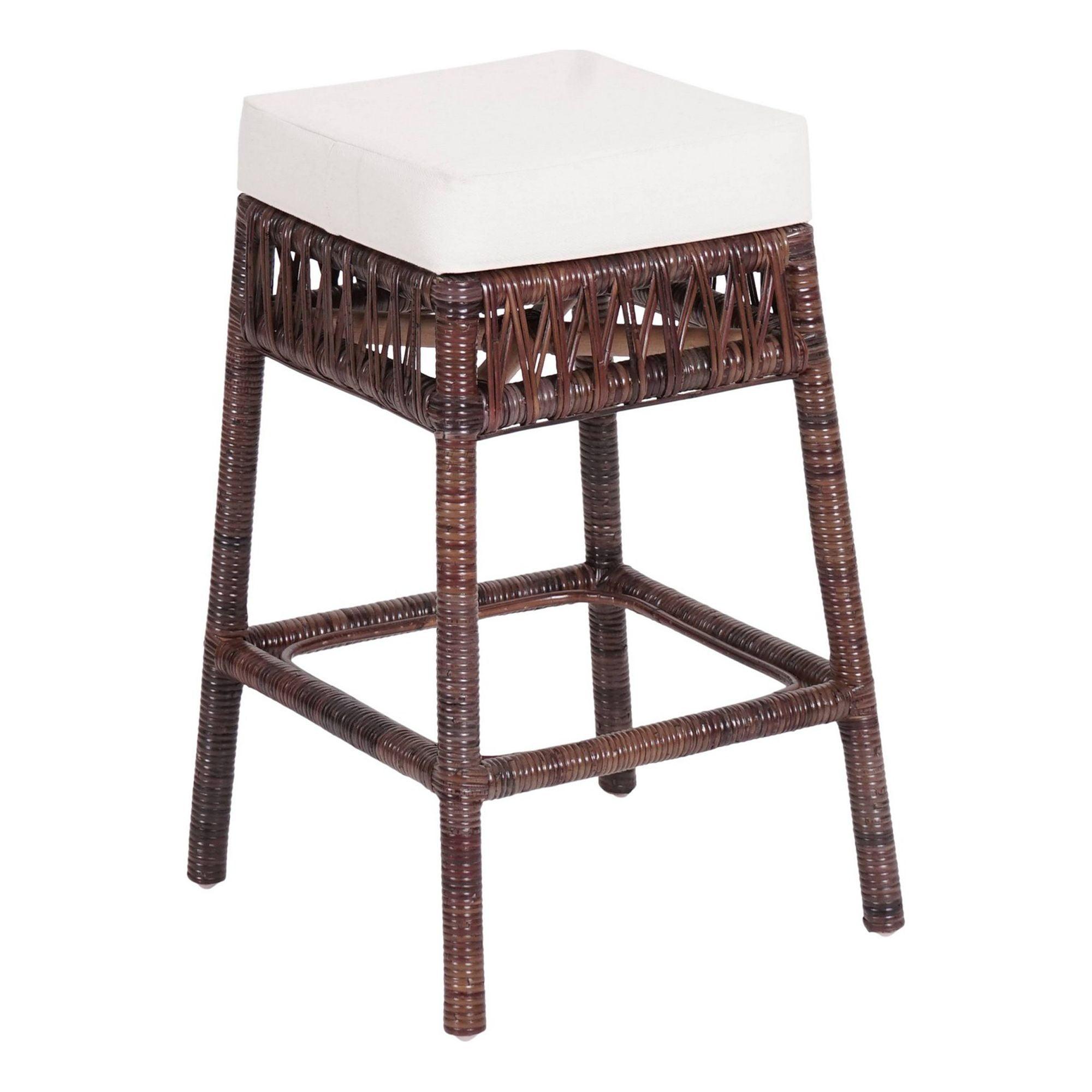 JONATHAN Y Bali Bohemian Basics Rattan Backless Bar Stool, White Cushion with Dark Brown Woven Frame