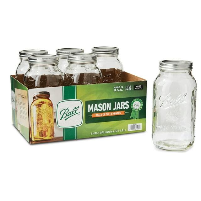 Ball 64oz 6pk Glass Wide Mouth Mason Jar with Lid and Band: Clear Canning Jars, Dishwasher-Safe, 4" Neck Diameter