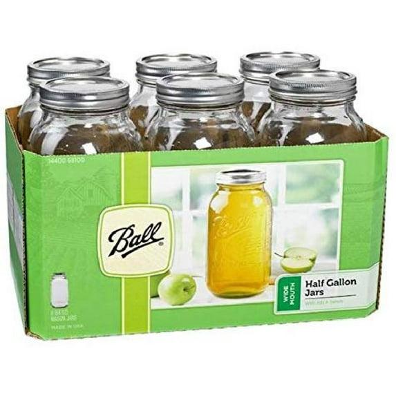 Ball 64oz 6pk Glass Wide Mouth Mason Jar with Lid and Band: Clear Canning Jars, Dishwasher-Safe, 4" Neck Diameter