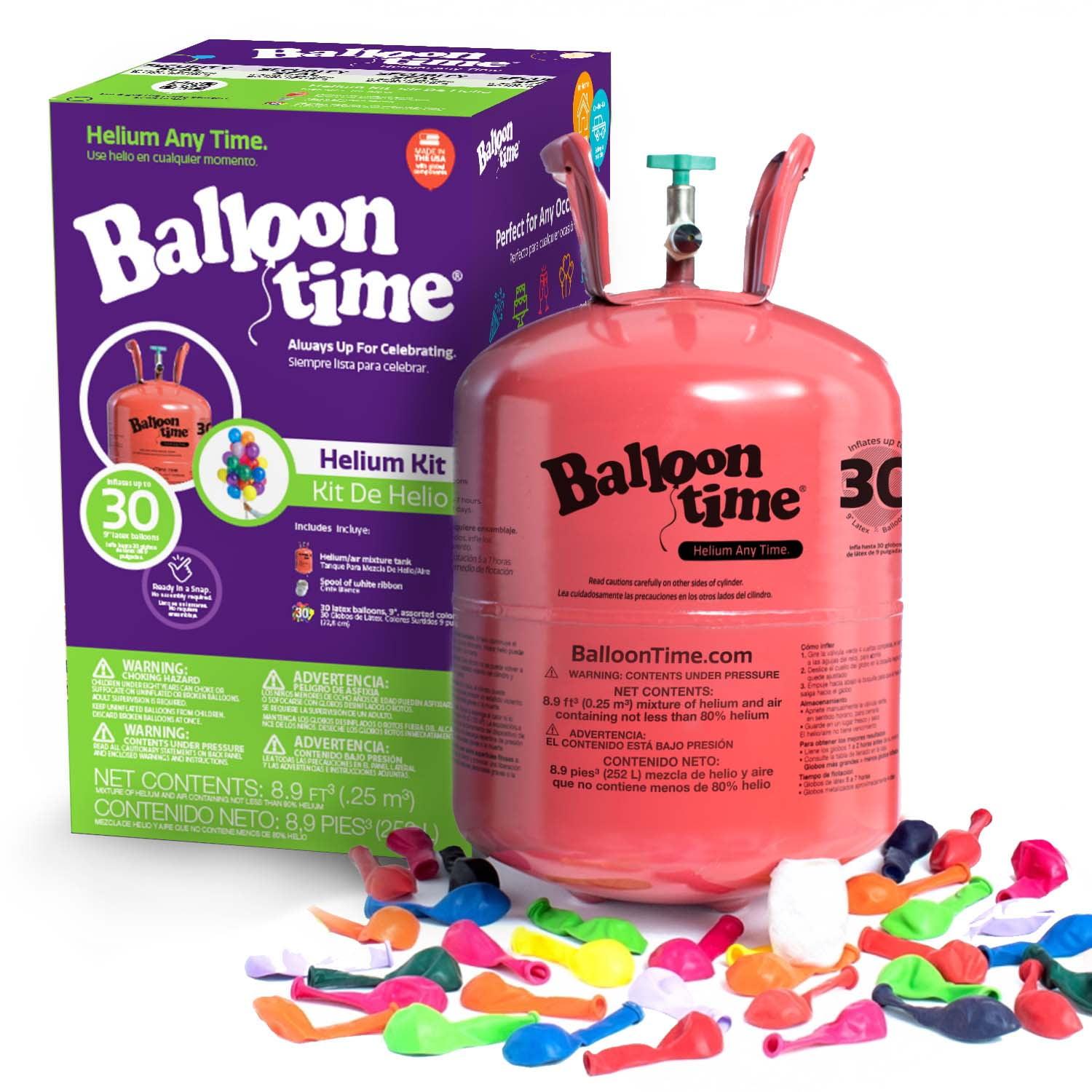 Balloon Time 9.5in Medium Helium Tank Kit with Colorful Latex Balloons, 8.9 cu ft, 30 Count