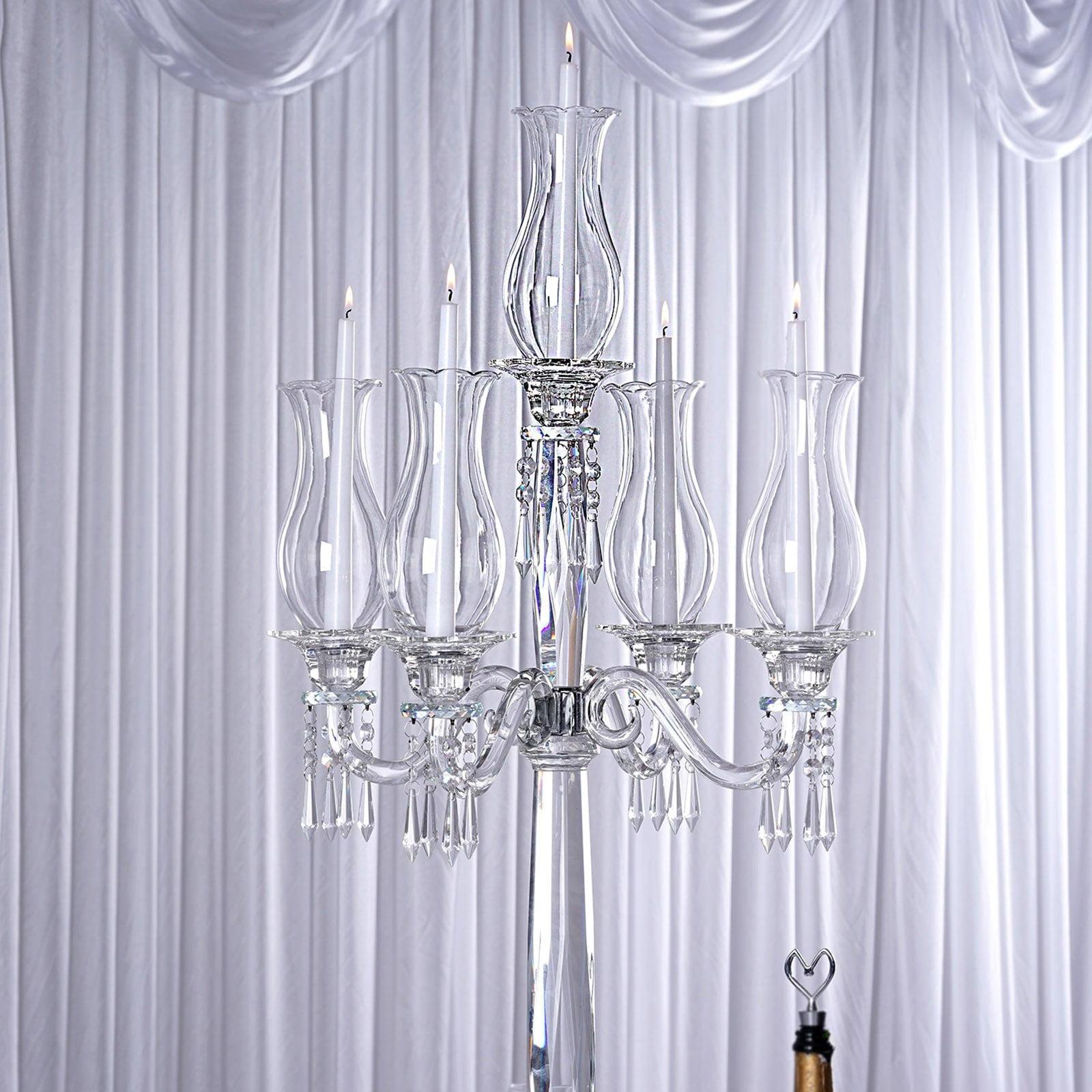 Elegant 40" Clear Glass Hurricane Candelabra with Crystal Chains