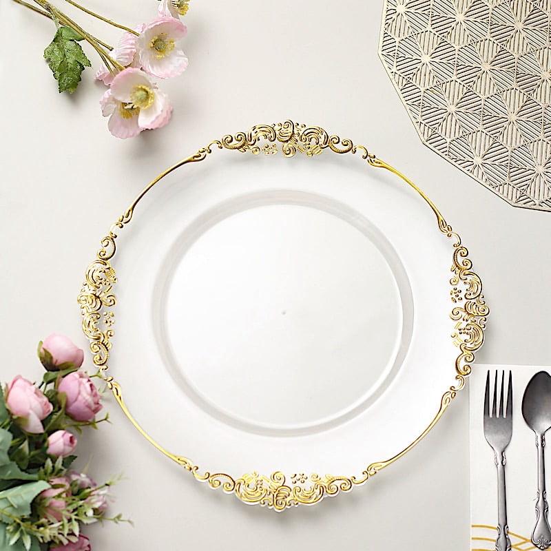 Clear and Gold 13" Acrylic Round Charger Plates with Embossed Rim