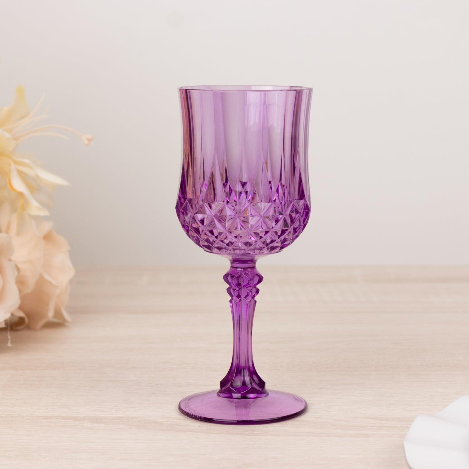 Efavormart 6-Pack Plastic Wine Glasses 8oz, Purple - Crystal Cut Shatterproof Cocktail Goblets Drinking Glasses