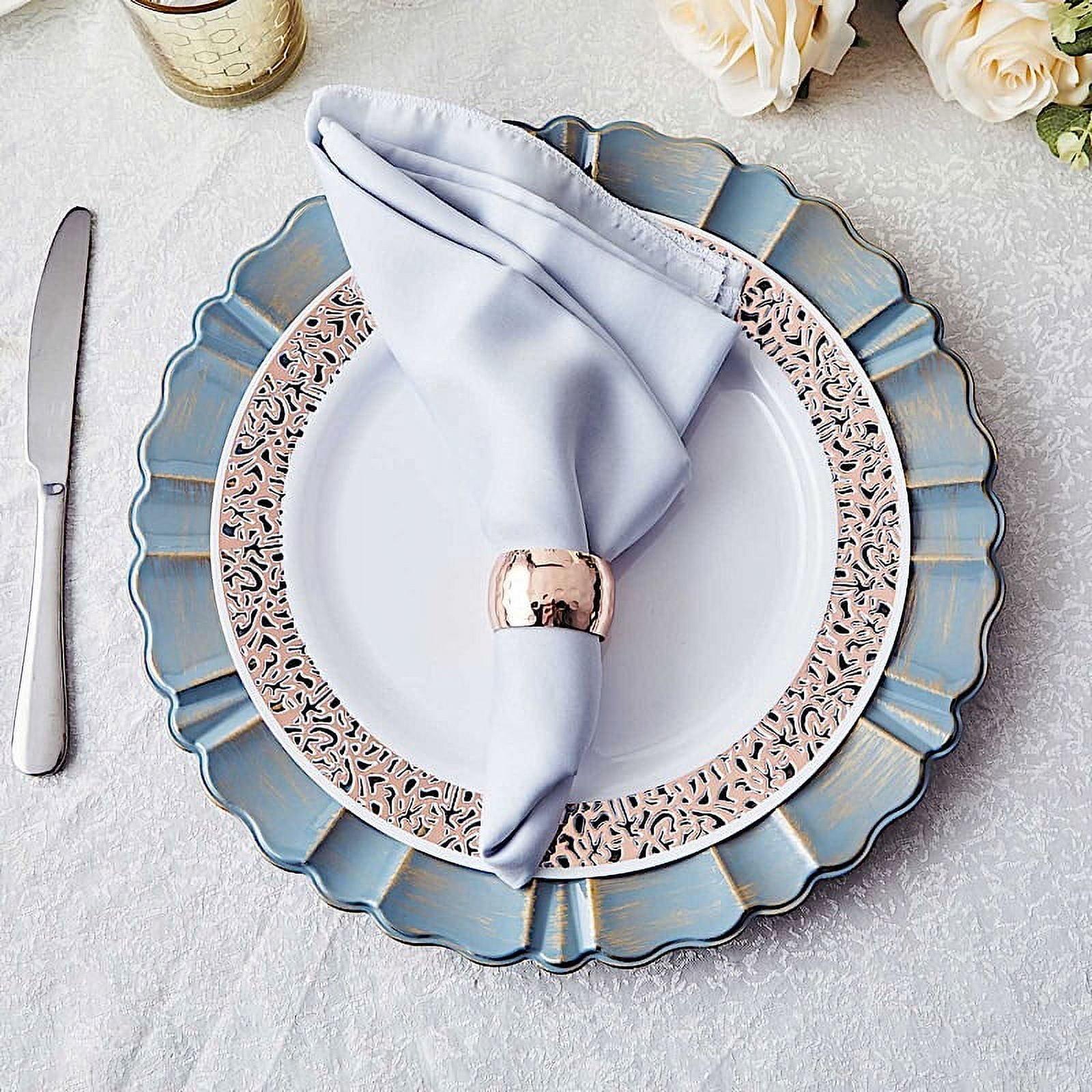 BalsaCircle 6 Dusty Blue Gold 13" Acrylic Wooden Textured Round Scalloped Trim Plastic Charger Plates