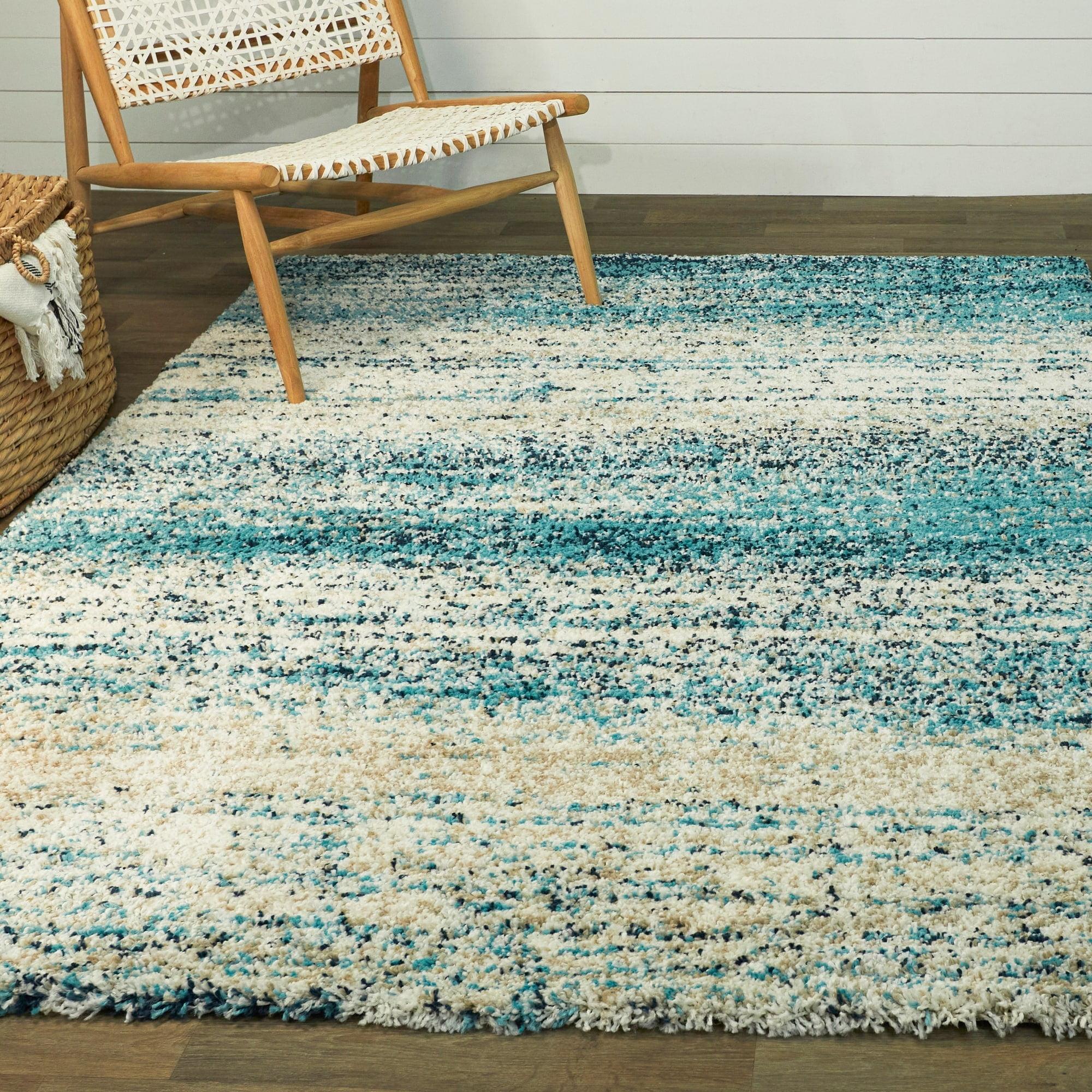 Teal and Beige Abstract Shag 5' x 7' Area Rug