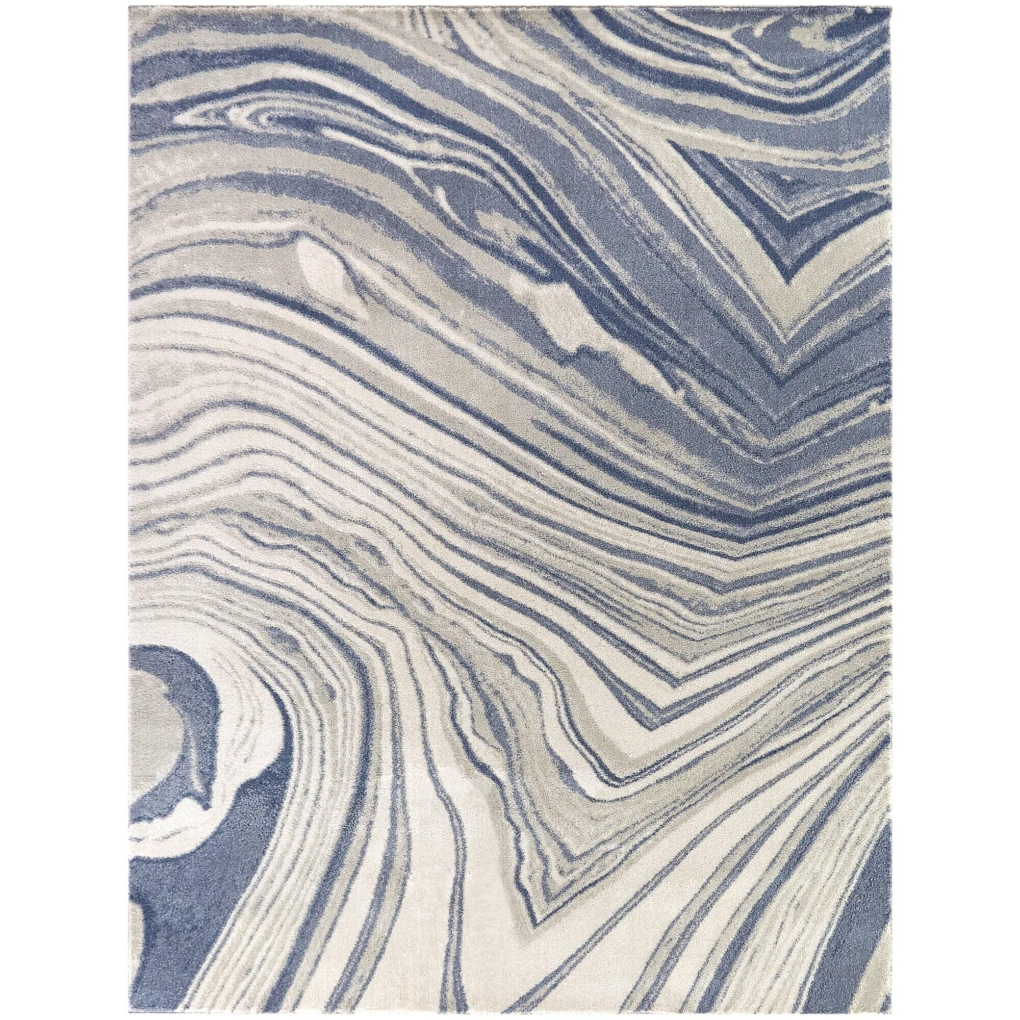 Cream and Blue Abstract Synthetic Area Rug 5' 3" x 7'