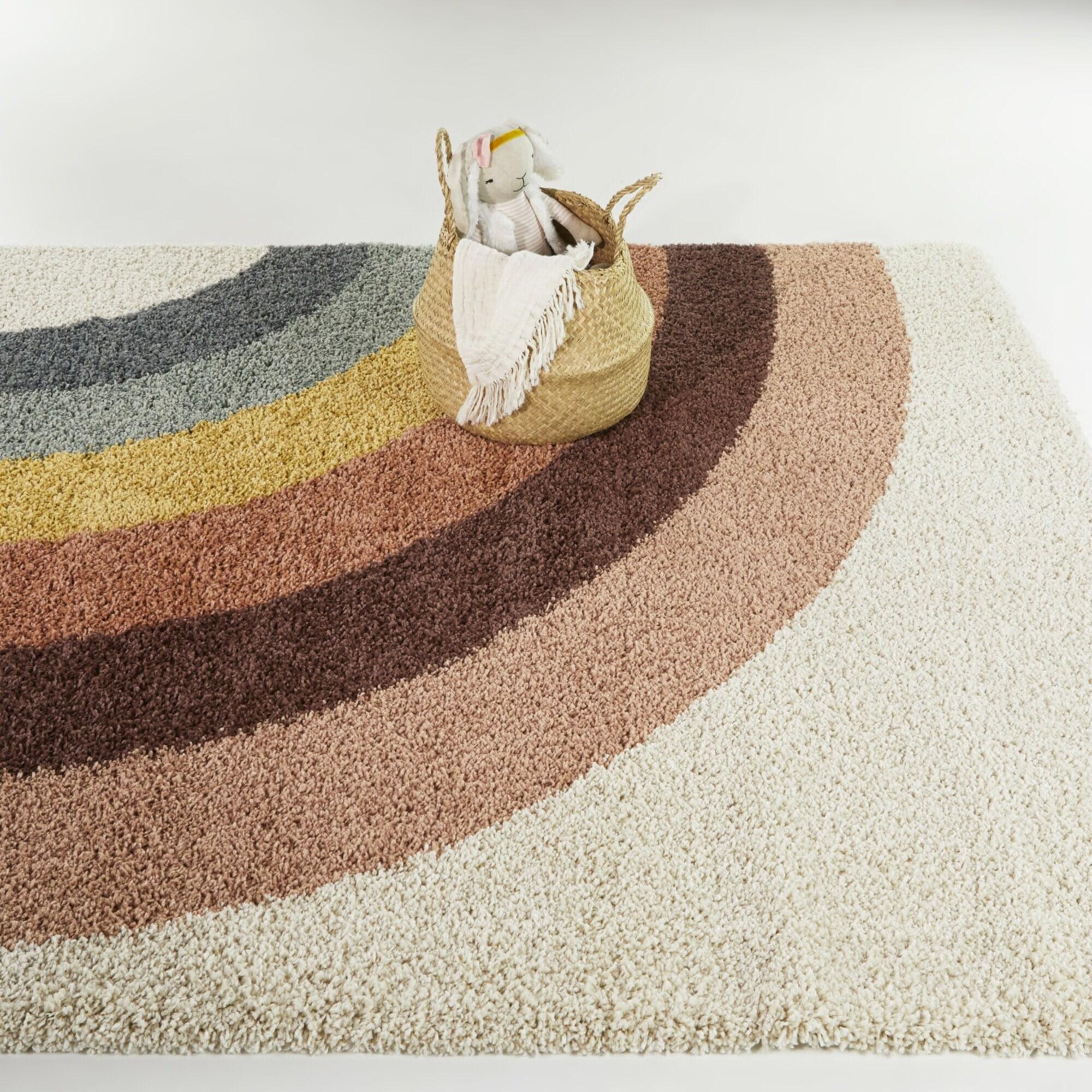 Cream Round Shag Kids' Rug, Non-slip Synthetic, Easy Care