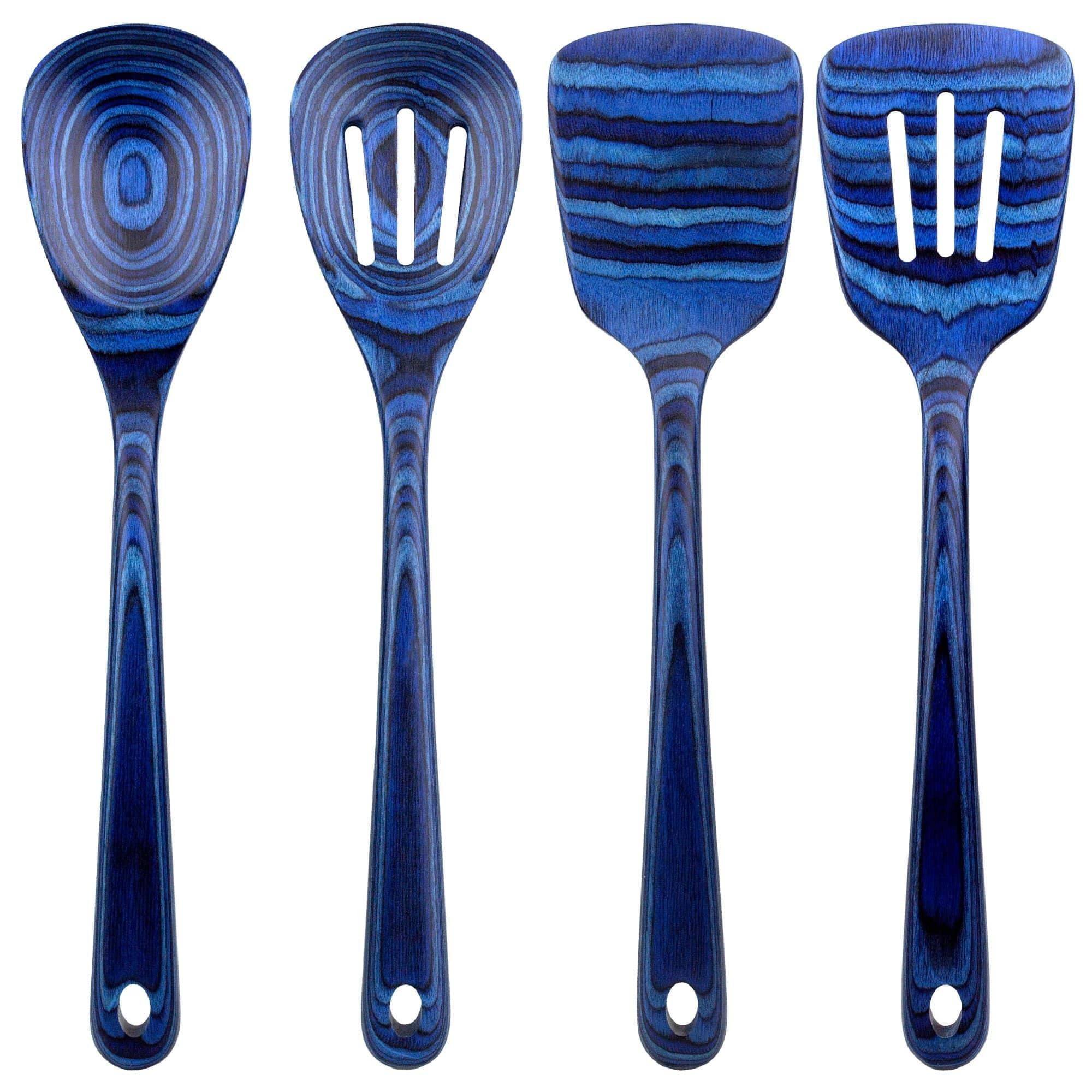 Baltique 4pc Malta Utensil Set: Wood Kitchen Tools, Hand Wash, Blue Cooking Utensils, Adult Kitchen Utensil Set