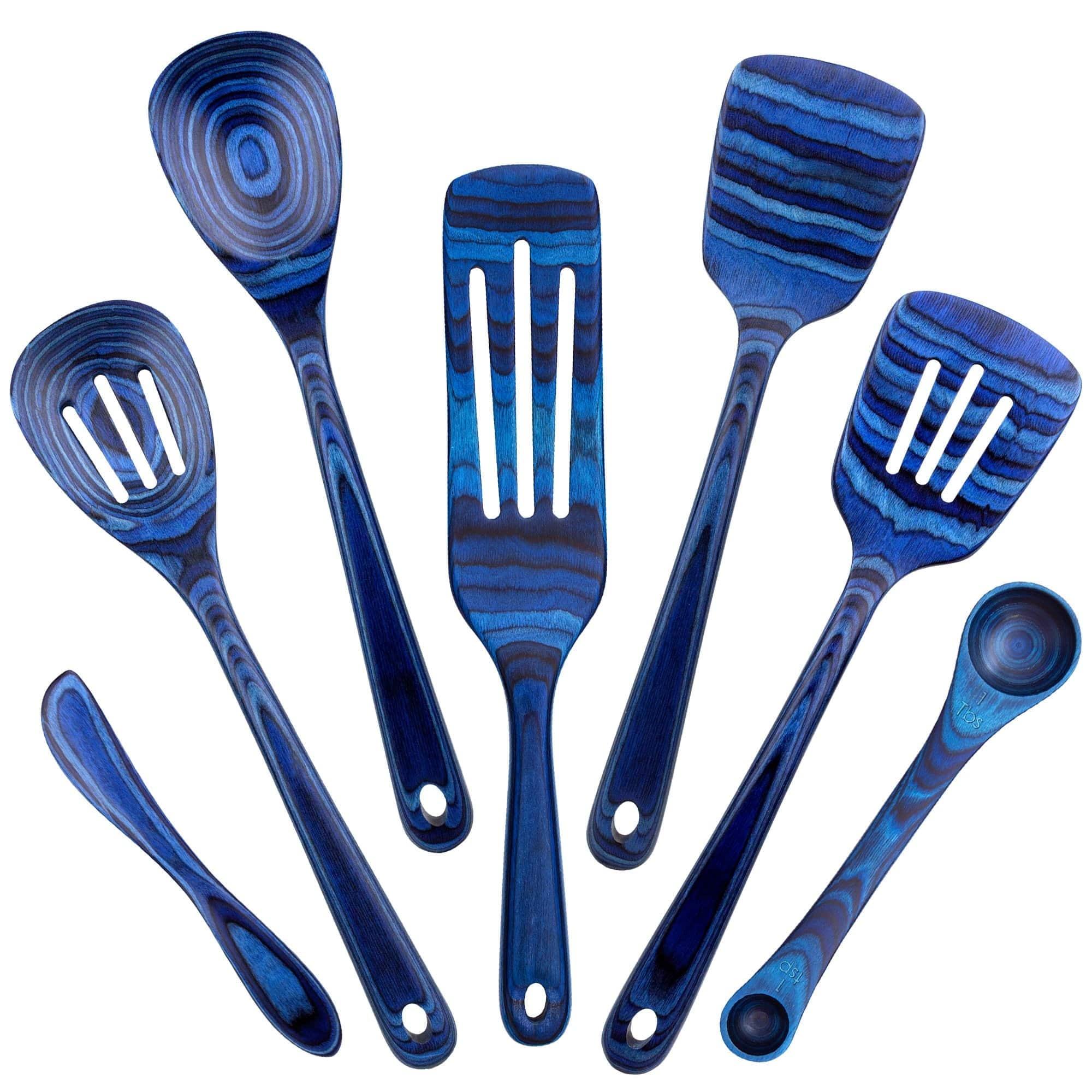 Baltique 7pc Malta Kitchen Utensil Set: Wood Cooking Tools, Hand Wash, Blue, Adult Use, Includes Measuring Spoons