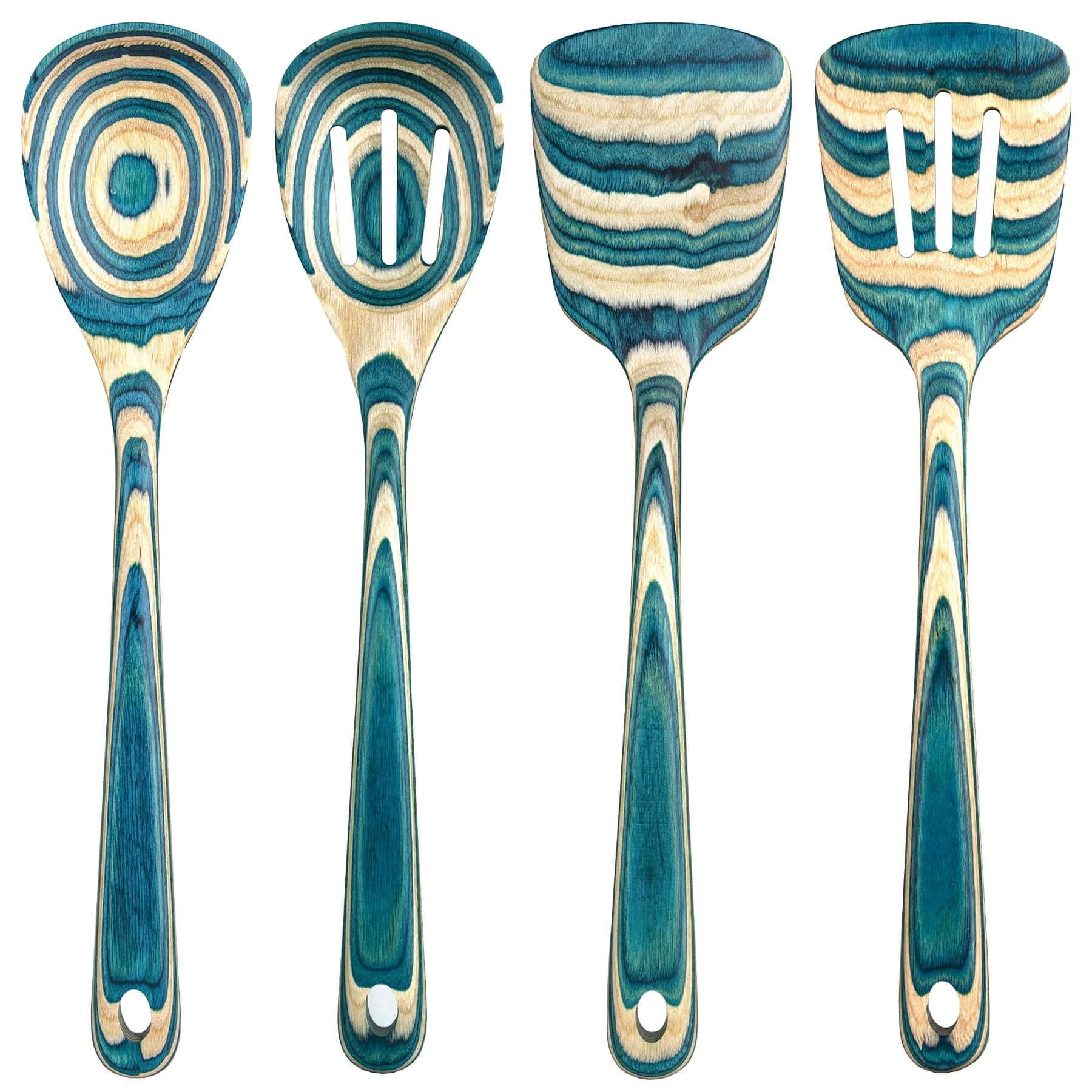 Baltique 4pc Mykonos Utensil Set: Wood Kitchen Tools, Hand Wash, Adult Cooking Utensils, Turquoise Blue