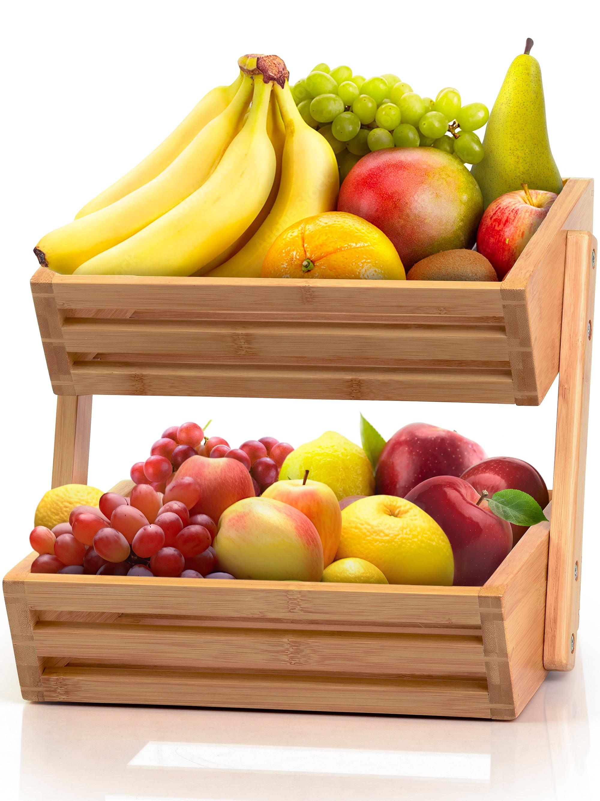 Bamboo Basket for Kitchen Counter Fruit & Vegetable Storage, Two Tier Wooden Fruit Bowl by Golden Nature