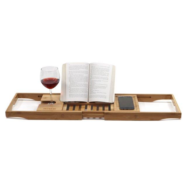 Bamboo Bath Caddy with Reader Stand and Wine Glass Holder, Adjustable Width to 41 Inches