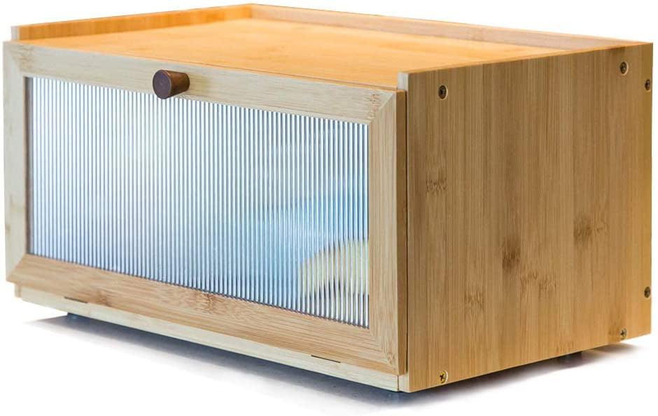 Large Bamboo Bread Box with Acrylic Window and Brown Handle