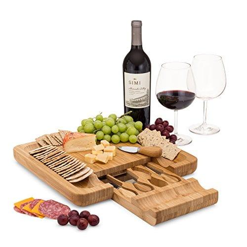 Bamboo Cheese Board Set With Cutlery In Slide-Out Drawer Including 4 Stainless Steel Knife and Serving Utensils