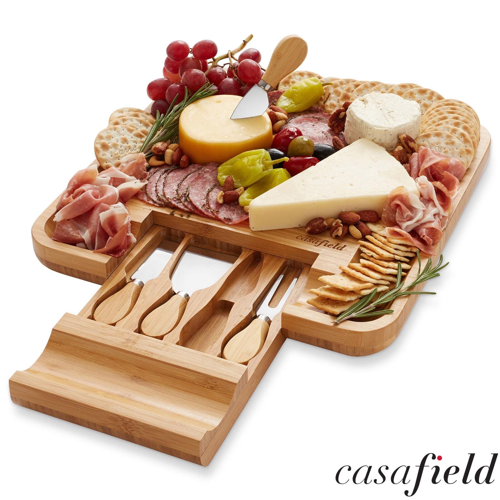 Casafield Bamboo Cheese Cutting Board & 4pc Knife Gift Set - Wooden Charcuterie Serving Tray for Cheese, Meat, Fruit & Crackers