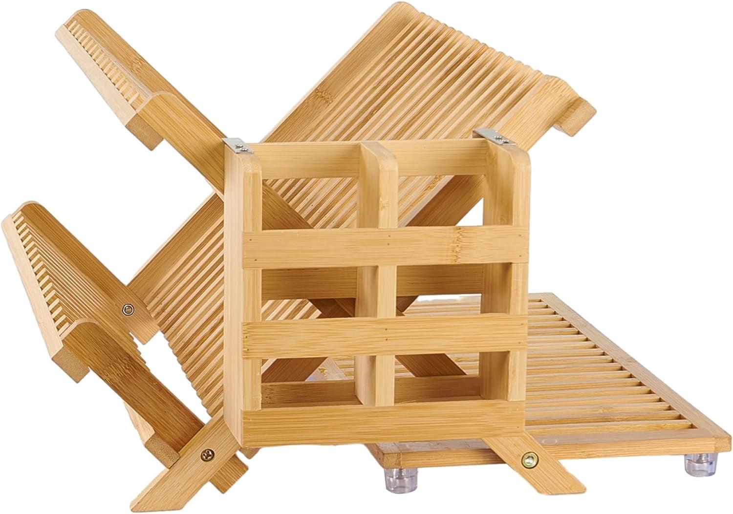 Foldable Bamboo 3-Tier Dish Rack with Utensil Holder