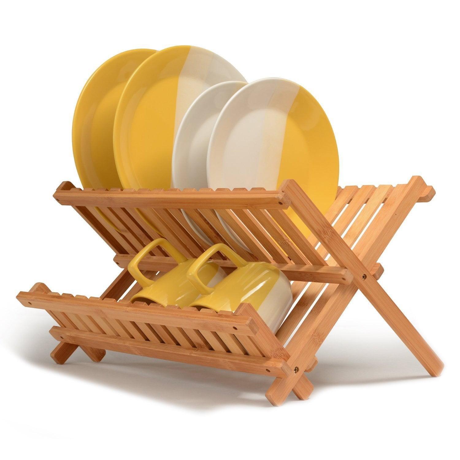 Natural Bamboo Foldable Dish Drying Rack with Cup Holder