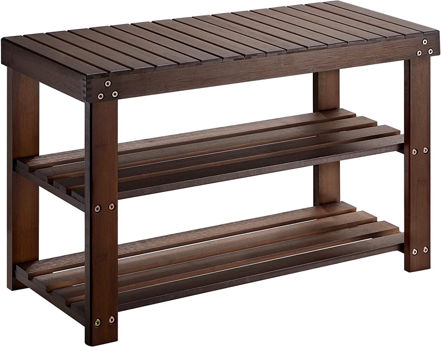 Dark Brown Bamboo 3-Tier Shoe Rack Bench with Storage