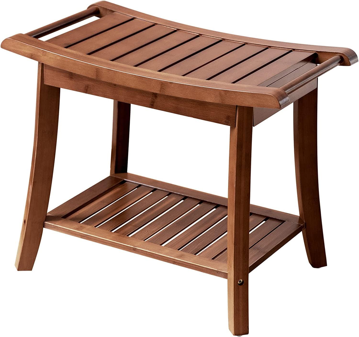 Chestnut Brown Bamboo Shower Bench with Storage Shelf