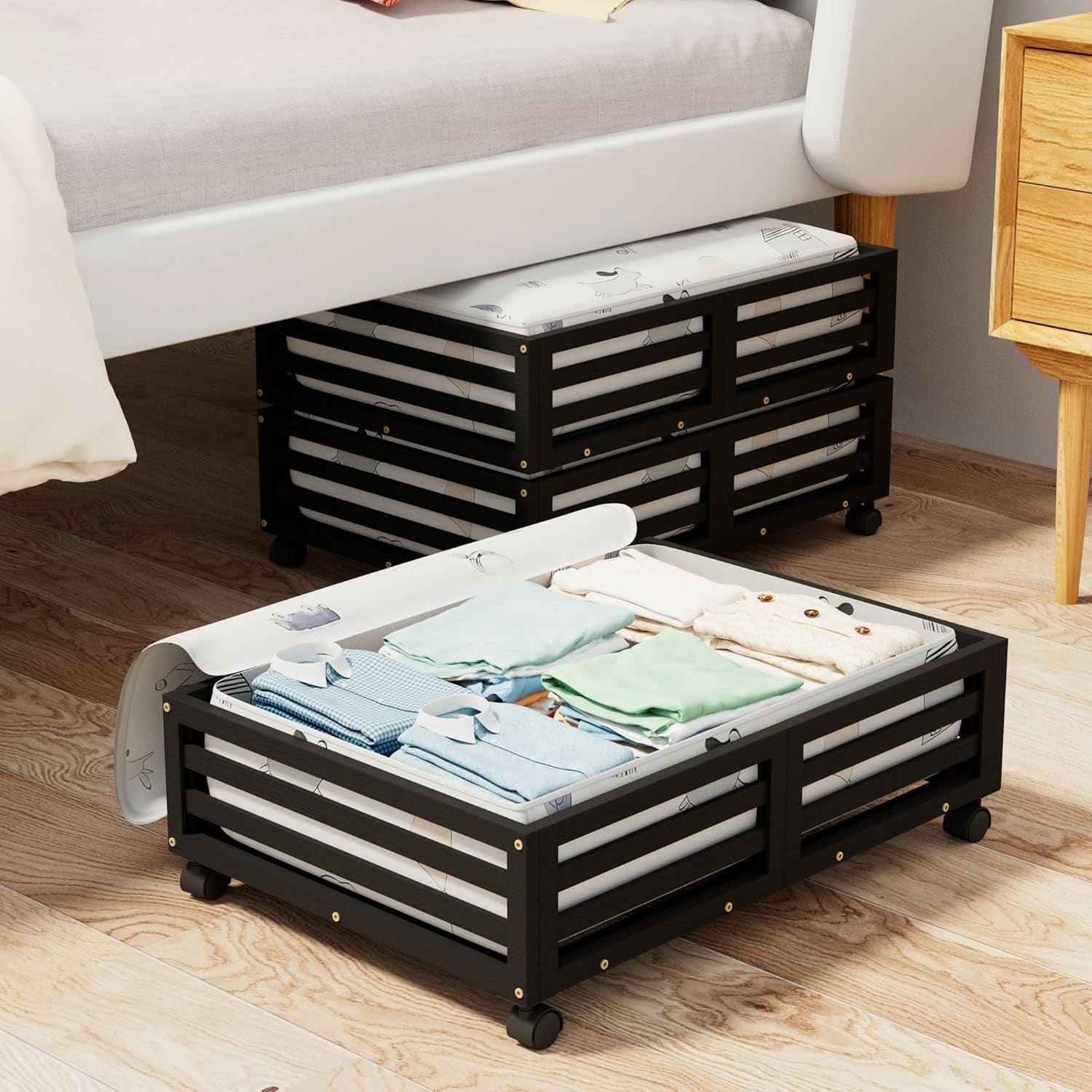 Bamboo Under Bed Storage Containers- Underbed Organizer with Wheels with Large Capacity Dust Bag,Sturdy Wood Rolling Under Bed Shoe Storage Organizer Drawer 2 Packs (Black, Small)