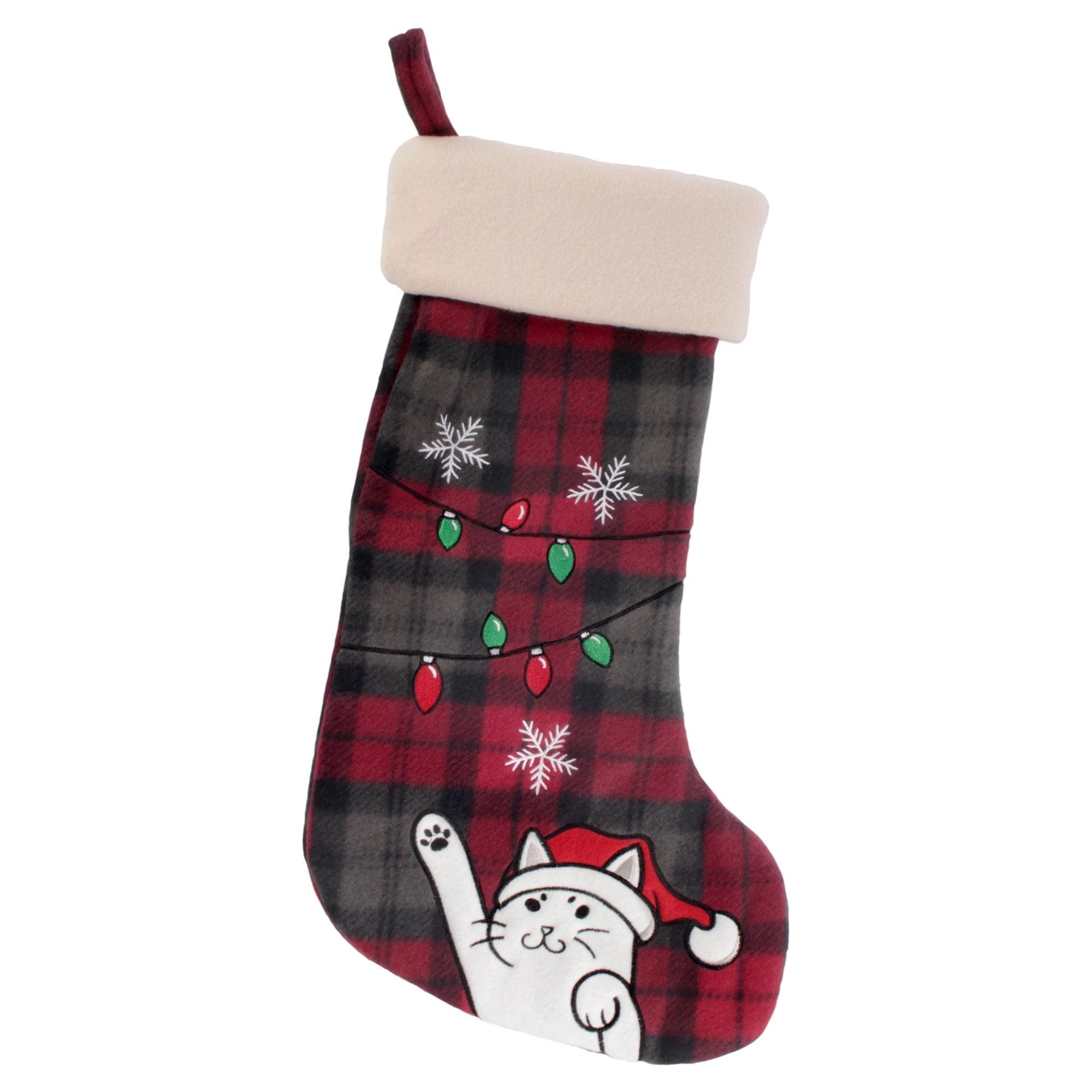 BambooMN 1 Pc Set 18" Classic Hand Embroidered Sequined Cute Animal Christmas Stocking, 16 Naughty Cat Plaid